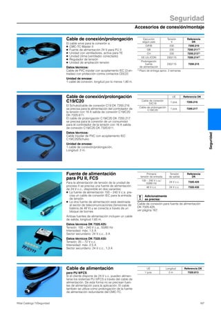 Accesorios de conexión/montaje
Seguridad
167Rittal Catálogo TI/Seguridad
Seguridad
Cable de conexión/prolongación
El cable sirve para la conexión a:
● CMC-TC Master II
● Fuente de alimentación 24 V para PU II
● Unidad con ventiladores, activa para TE
● Unidad clima (ventilador conectado)
● Regulador de tensión
● Unidad de ampliación tensión
Datos técnicos:
Cable de PVC tripolar con acoplamiento IEC (3 en-
tradas) con protección contra contactos CEE22.
Unidad de envase:
1 cable de conexión, longitud por lo menos 1,80 m.
Ejecución
según país
Tensión
V
Referencia
DK
D/F/B 230 7200.210
GB 230 7200.2111)
CH 230 7200.2131)
EE.UU./CDN 230/115 7200.2141)
Prolongación
fuente
de alimentación
230/115 7200.215
1) Plazo de entrega aprox. 2 semanas.
Cable de conexión/prolongación
C19/C20
El Schuko/cable de conexión C19 DK 7200.216
se precisa para la alimentación del controlador de
la tensión con 16 A salida de conexión C19/C20
DK 7320.611.
El cable de prolongación C19/C20 DK 7200.217
se precisa para la conexión de un consumidor
para el controlador de la tensión con 16 A salida
de conexión C19/C20 DK 7320.611.
Datos técnicos:
Cable tripolar de PVC con acoplamiento IEC
C19/C20/Schuko.
Unidad de envase:
1 cable de conexión/prolongación,
Longitud: 2 m.
UE Referencia DK
Cable de conexión
D/C19
1 pza. 7200.216
Cable de prolongación
C19/C20
1 pza. 7200.217
Fuente de alimentación
para PU II, FCS
Para la alimentación de tensión de la unidad de
proceso II se precisa una fuente de alimentación
de 24 V c.c., disponible en dos variantes:
● La fuente de alimentación 100 – 240 V c.a. pre-
cisa un cable de conexión IEC para la entrada
de tensión
● La otra fuente de alimentación está destinada
al sector de telecomunicaciones (tensiones de
batería de 48 V) y se conecta a través de un
bloque de bornes
Ambas fuentes de alimentación incluyen un cable
de salida, longitud 1,65 m.
Datos técnicos DK 7320.425:
Tensión: 100 – 240 V c.a., 50/60 Hz
Intensidad: máx. 1,5 A
Sector secundario: 24 V c.c., 3 A
Datos técnicos DK 7320.435:
Tensión: 20 – 72 V c.c.
Intensidad: máx. 2,5 A
Sector secundario: 24 V c.c., 1,3 A
Adicionalmente
se precisa:
Cable de conexión para fuente de alimentación
DK 7320.425,
ver página 167.
Primaria
tensión de entrada
Tensión
de salida
Referencia
DK
100 – 240 V c.a./
50/60 Hz
24 V c.c. 7320.425
48 V c.c. 24 V c.c. 7320.435
Cable de alimentación
para PU II/FCS
Si el cliente dispone de 24 V c.c. pueden alimen-
tarse los sistemas PU II/FCS a través del cable de
alimentación. De esta forma no se precisan fuen-
tes de alimentación para la aplicación. El cable
también se utiliza como prolongación de la fuente
de alimentación redundante del CMC-TC.
UE Longitud Referencia DK
1 pza. 2 m 7320.813
 
