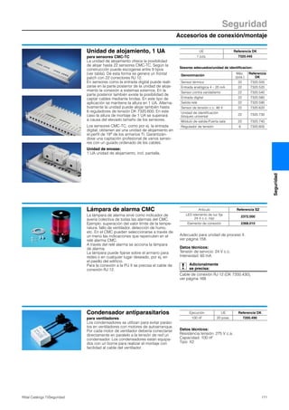 Accesorios de conexión/montaje
Seguridad
171Rittal Catálogo TI/Seguridad
Seguridad
Unidad de alojamiento, 1 UA
para sensores CMC-TC
La unidad de alojamiento ofrece la posibilidad
de alojar hasta 22 sensores CMC-TC. Según la
construcción puede escogerse entre 9 tipos
(ver tabla). De esta forma se genera un frontal
patch con 22 conectores RJ 12.
En sensores como la entrada digital puede reali-
zarse en la parte posterior de la unidad de aloja-
miento la conexión a sistemas externos. En la
parte posterior también existe la posibilidad de
captar cables mediante bridas. En este tipo de
aplicación se mantiene la altura en 1 UA. Alterna-
tivamente la unidad puede alojar también hasta
6 reguladores de tensión DK 7320.600. En este
caso la altura de montaje de 1 UA se superará
a causa del elevado tamaño de los sensores.
Los sensores CMC-TC, como por ej. la entrada
digital, obtienen así una unidad de alojamiento en
el perfil de 19″ de los armarios TI. Garantizán-
dose una captación profesional de varios senso-
res con un guiado ordenado de los cables.
Unidad de envase:
1 UA unidad de alojamiento, incl. pantalla.
Sesores adecuados/unidad de identificacion:
UE Referencia DK
1 pza. 7320.445
Denominación
Máx.
(pza.)
Referencia
DK
Sensor térmico 22 7320.500
Entrada analógica 4 – 20 mA 22 7320.520
Sensor contra vandalismo 22 7320.540
Entrada digital 22 7320.580
Salida relé 22 7320.590
Sensor de tensión c.c. 48 V 22 7320.620
Unidad de identificación
bloqueo universal
22 7320.730
Módulo de salida-Puerta sala 22 7320.740
Regulador de tensión 6 7320.600
Lámpara de alarma CMC
La lámpara de alarma sirve como indicador de
avería colectiva de todas las alarmas del CMC.
Ejemplo: superación del valor límite de la tempe-
ratura, fallo de ventilador, detección de humo,
etc. En el CMC pueden seleccionarse a través de
un menú las indicaciones que repercuten en el
relé alarma CMC.
A través del relé alarma se acciona la lámpara
de alarma.
La lámpara puede fijarse sobre el armario para
redes o en cualquier lugar deseado, por ej. en
el pasillo del edificio.
Para la conexión a la PU II se precisa el cable de
conexión RJ 12.
Adecuado para unidad de proceso II,
ver página 158.
Datos técnicos:
Tensión de servicio: 24 V c.c.
Intensidad: 60 mA
Adicionalmente
se precisa:
Cable de conexión RJ 12 (DK 7200.430),
ver página 169.
Artículo Referencia SZ
LED elemento de luz fija
24 V c.c. rojo
2372.000
Elemento de conexión 2368.010
Condensador antiparasitarios
para ventiladores
Los condensadores se utilizan para evitar parási-
tos en ventiladores con motores de autoarranque.
Por cada motor de ventilador debería conectarse
directamente en paralelo a la tensión de red un
condensador. Los condensadores están equipa-
dos con un borne para realizar el montaje con
facilidad al cable del ventilador.
Datos técnicos:
Resistencia tensión: 275 V c.a.
Capacidad: 100 nF
Tipo: X2
Ejecución UE Referencia DK
100 nF 20 pzas. 7200.490
 