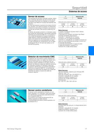 Sistemas de acceso
Seguridad
177Rittal Catálogo TI/Seguridad
Seguridad
Sensor de acceso
Los sensores de acceso controlan puertas, latera-
les o ventanas del amario de red. El imán se fija
en la pieza móvil (por ej. el lateral), el contacto
hermético tipo Reed en la pieza fija (bastidor del
armario).
El imán permanente mantiene el contacto hermé-
tico cerrado. Si se abre la puerta o se desmonta
el lateral se interrumpe el contacto y se activa el
circuito de corriente. Esto activa la alarma en el
CMC.
El sensor de acceso contiene un indicativo, para
que pueda ser identificado y accionado automáti-
camente por el sistema CMC-TC. La conexión a
una unidad de sensores se realiza mediante el
cable adjunto. Existe la posibilidad de conectar
hasta cinco sensores de acceso para crear una
línea de vigilancia con accionamiento en seire,
en caso necesario en combinación con el cable
prolongación RJ 12. El cierre se realiza con el
enchufe de puente.
Adecuado para unidad de sensores:
Datos técnicos:
2 imanes (montaje en la pieza móvil, directa-
mente en contacto)
2 sensores con contacto hermético tipo Reed
(montaje al bastidor del armario)
Conexión 1: casquillo RJ 12, 6 polos
(conexión con la unidad de sensores)
Conexión 2: casquillo RJ 12, 6 polos (conexión en
serie con otros sensores de acceso o cierre con
el enchufe de puente)
2 enchufes de puente RJ 12 para el cierre
2 cable de conexión: longitud 2 m,
Conector RJ 12 6/6 ambos lados
UE Referencia DK
2 pzas. 7320.530
Unidad
de E/S
Unidad
de acceso
Unidad
de clima
Ⅲ Ⅲ Ⅲ
Detector de movimiento CMC
El detector de movimiento puede instalarse en
armarios para redes o en salas. Se indican cam-
bios en el armario, por ej. la abertura de una
puerta/un lateral. También en la sala o frente al
armario de datos es capaz de detectar personas.
El indicador contiene un indicativo, para que
pueda ser identificado y accionado automática-
mente por el sistema CMC-TC. La entrada de
energía y la transmisión de datos a la unidad de
sensores se realiza a través del cable de
conexión adjunto.
Adecuado para unidad de sensores:
Datos técnicos:
Tipo de indicador: detector por infrarojos (IR)
Alcance: máx. 7 m
Toma de corriente: máx. 30 mA/24 V c.c.
Conexión: casquillo RJ 12, 6 polos
Cable de conexión: longitud 2 m,
Conector RJ 12 6/6 ambos lados
Dimensiones:
An. x Al. x Pr.: 59 x 102 x 32 mm
UE Referencia DK
1 pza. 7320.570
Unidad
de E/S
Unidad
de acceso
Unidad
de clima
Ⅲ Ⅲ
Sensor contra vandalismo
El sensor contra vandalismo contiene un con-
tacto indicador y un indicativo, para que pueda
ser identificado y accionado automáticamente
por el sistema CMC-TC.
La conexión a la unidad de sensores E/S se
realiza mediante el cable adjunto.
La sensibilidad del sensor puede ajustarse con
el software PU II.
Adecuado para unidad de sensores:
Datos técnicos:
Contacto libre de mercurio, no dependiente de la
situación
Conexión: casquillo RJ 12, 6 polos
Cable de conexión: longitud 2 m,
Conector RJ 12 6/6 ambos lados
UE Referencia DK
1 pza. 7320.540
Unidad
de E/S
Unidad
de acceso
Unidad
de clima
Ⅲ
 