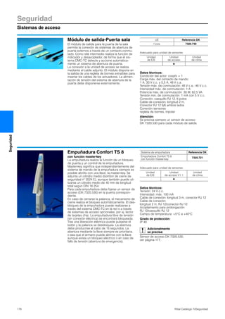 Seguridad
Sistemas de acceso
178 Rittal Catálogo TI/Seguridad
Seguridad
Módulo de salida-Puerta sala
El módulo de salida para la puerta de la sala
permite la conexión de sistemas de abertura de
puerta externos a través de un contacto conmu-
tado. Como relé intermedio realiza la función de
indicador y desacoplador, de forma que el sis-
tema CMC-TC detecte y accione automática-
mente un sistema de abertura de puerta.
La conexión a la unidad de acceso se realiza
mediante el cable adjunto. El módulo dispone en
la salida de una regleta de bornes extraíbles para
insertar los cables de los actuadores. La alimen-
tación de tensión del sistema de abertura de la
puerta debe disponerse externamente.
Adecuado para unidad de sensores:
Datos técnicos:
Condición del actor: cosphi = 1
Carga máx. del contacto de mando:
1 A, 30 V c.c. y 0,5 A, 48 V c.a.
Tensión máx. de conmutación: 48 V c.a.; 48 V c.c.
Intensidad máx. de conmutación: 1 A
Potencia máx. de conmutación: 30 W; 62,5 VA
Tensión mín. de conmutación: 1 mA con 5 V c.c.
Conexión: casquillo RJ 12, 6 polos
Cable de conexión: longitud 2 m,
Conector RJ 12 6/6 ambos lados
Conexión sensores:
regleta de bornes, tripolar
Atención:
Se precisa siempre un sensor de acceso
DK 7320.530 para cada módulo de salida.
UE Referencia DK
1 pza. 7320.740
Unidad
de E/S
Unidad
de acceso
Unidad
de clima
Ⅲ
Empuñadura Confort TS 8
con función master-key
La empuñadura realiza la función de un bloqueo
de puerta y un control de la empuñadura.
Master-key significa que independientemente del
sistema de mando de la empuñadura siempre es
posible abrirlo con una llave, la master-key. Se
adjunta un cilindro medio (bombin de cierre de
seguridad nº 3524 E), aunque también puede uti-
lizarse un cilindro medio de 40 mm de longitud
total según DIN 18 254.
Para cada empuñadura debe fijarse un sensor de
acceso (DK 7320.530) en la puerta correspon-
diente.
En caso de cerrarse la palanca, el mecanismo de
cierre realiza el bloqueo automáticamente. El des-
bloqueo de la empuñadura puede realizarse a
través del sistema CMC-TC en la red o a través
de sistemas de acceso opcionales, por ej. lector
de tarjetas chip. La empuñadura libre de tensión
(sin conexión eléctrica) se encontrará bloqueada.
Tras una liberación eléctrica puede pulsarse el
botón y la palanca se desbloquea. La abertura
debe producirse al cabo de 15 segundos. La
abertura mediante la llave siempre es prioritaria,
o sea que el armario puede abrirse con la llave
aunque exista un bloqueo eléctrico o en caso de
fallo de tensión (abertura de emergencia).
Adecuado para unidad de sensores:
Datos técnicos:
Tensión: 24 V c.c.
Intensidad: máx. 100 mA
Cable de conexión: longitud 3 m, conector RJ 12
Cable de conexión:
longitud 2 m, RJ 12/conector RJ 12
Acoplamiento para prolongación:
RJ 12/casquillo RJ 12
Campo de temperatura: +5°C a +40°C
Grado de protección:
IP 40
Adicionalmente
se precisa:
Sensor de acceso DK 7320.530,
ver página 177.
Sistema de empuñadura Referencia DK
Empuñadura Confort TS 8
con función master-key
7320.721
Unidad
de E/S
Unidad
de acceso V1.1
Unidad
de clima
Ⅲ
 