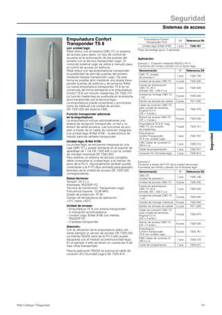 Sistemas de acceso
Seguridad
181Rittal Catálogo TI/Seguridad
Seguridad
Empuñadura Confort
Transponder TS 8
con unidad legic
Rittal ofrece con el sistema CMC-TC un sistema
de acceso para racks. Un tipo de control de
accesos es la autorización de las puertas del
armario con la técnica transponder Legic. El
conocido sistema Legic se utiliza a menudo para
el control de acceso en edificios.
Rittal ofrece con las empuñaduras transponder
la posibilidad de abrir las puertas del armario
mediante tarjetas transponder Legic. De esta
forma es posible abrir mediante una tarjeta trans-
ponder puertas de edificios y de armarios Rittal.
La nueva empuñadura transponder TS 8 se ha
construido de forma semejante a la empuñadura
Confort TS 8 con función master-key DK 7320.721.
La función master-key es sustituida en la empuña-
dura transponder por la técnica legic.
La empuñadura puede conectarse y accionarse
como es habitual a la unidad de acceso
DK 7320.220 del sistema CMC.
Función transponder adicional
en la empuñadura:
La empuñadura incluye adicionalmente una
antena de recepción transponder, un led y un
emisor de señal acústica. Las funciones se aco-
plan a través de un cable de conexión integrado
a la unidad legic B-Net 9106 – la electrónica de
mando para las señales transponder.
Unidad legic B-Net 9106:
La unidad legic se encuentra integrada en una
caja CMC-TC y puede montarse en el soporte de
aparellaje de 1 UA DK 7320.440 o con la unidad
de montaje individual DK 7320.450.
Para obtener un sistema de acceso completo,
debe conectarse la unidad legic a la interfaz de
serie de la PU II. Opcionalmente también puede
conectarse a la P-I2C-Bus (entrada para aparatos
lectores) de la unidad de acceso DK 7320.220
correspondiente.
Datos técnicos:
Tensión: 24 V c.c.
Interfases: RS232/P-I2C
Técnica de transmisión: Transponder Legic
Frecuencia soporte: 13,56 MHz
Grado de protección: IP 40
Campo de temperatura de aplicación:
+5°C hasta +40°C
Unidad de envase:
– Empuñadura TS 8 con antena transponder
e indicación acústica/óptica
– Unidad Legic B-Net 9106 con interfaz
RS232/P-I2C
– 3 tarjetas transponder
Atención:
Con la utilización de la empuñadura debe utili-
zarse siempre un sensor de acceso DK 7320.530.
La interfaz RS232 serie de la PU II sólo puede
equiparse con el módulo accesorio/unidad legic.
En el ejemplo 2 sólo se tienen en cuenta las 4 últi-
mas cifras transponder.
Para la aplicación RS232 se precisa el cable de
conexión (PU II/unidad Legic) DK 7320.814.
Aplicación:
Ejemplo 1: Conexión mediante RS232 o PU II
4 armarios (en frontal y dorsal) con un lector legic:
Ejemplo 2:
Conexión a través de P-I2C de la unidad de acceso
4 armarios (en frontal y dorsal) con 8 lectores legic:
Empuñadura Confort
Transponder TS 8
UE Referencia DK
Unidad legic B-Net 9106 1 pza. 7320.781
Plazo de entrega aprox. 2 semanas.
Denominación Nº Referencia DK
CMC-TC Unidad
de proceso II
1 pza. 7320.100
Unidad de acceso CMC-TC 4 pzas. 7320.220
Fuente de alimentación
CMC-TC 24 V,
entrada 100 – 230 V c.a.
1 pza. 7320.425
Unidad de montaje CMC-TC
1 UA
2 pzas. 7320.440
Estribo de entrada de cables 2 pzas. 7611.000
Cable de conexión CMC-TC
para unidad de sensores,
longitud 0,5 m
(UE = 4 pzas.)
4 pzas. 7320.470
Sensor de acceso CMC-TC
(UE = 2 pzas.)
8 pzas. 7320.530
Empuñadura TS 8 el. mag.
CMC-TC con función
de master-key
7 pzas. 7320.721
Empuñadura
Confort Transponder
TS 8 con unidad Legic
1 pza. 7320.781
CMC Cable de conexión D
230 V c.a.
1 pza. 7200.210
Cable de programación 1 pza. 7200.221
Conexión PU II/Unidad legic 1 pza. 7320.814
Denominación Nº Referencia DK
CMC-TC
Unidad de proceso II
1 pza. 7320.100
Unidad de acceso CMC-TC 4 pzas. 7320.220
Fuente de alimentación
CMC-TC 24 V,
entrada 100 – 230 V c.a.
1 pza. 7320.425
Unidad de montaje CMC-TC
1 UA
2 pzas. 7320.440
Unidad de montaje individual 8 pzas. 7320.450
Estribo de entrada de cables 2 pzas. 7611.000
Cable de conexión CMC-TC
para unidad de sensores,
longitud 0,5 m
(UE = 4 pzas.)
4 pzas. 7320.470
Sensor de acceso CMC-TC
(UE = 2 pzas.)
8 pzas. 7320.530
Empuñadura
Confort Transponder
TS 8 con unidad Legic
8 pzas. 7320.781
CMC Cable de conexión D
230 V c.a.
1 pza. 7200.210
Cable de programación 1 pza. 7200.221
 