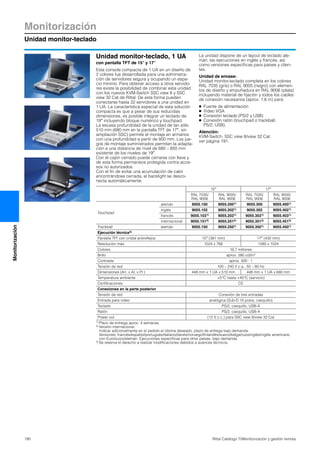 Monitorización
Unidad monitor-teclado
190 Rittal Catálogo TI/Monitorización y gestión remota
Monitorización
Unidad monitor-teclado, 1 UA
con pantalla TFT de 15″ y 17″
Esta consola compacta de 1 UA en un diseño de
2 colores fue desarrollada para una administra-
ción de servidores segura y ocupando un espa-
cio mínimo. Para obtener acceso a otros servido-
res existe la posibilidad de combinar esta unidad
con los nuevos KVM-Switch SSC view 8 y SSC
view 32 Cat de Rittal. De esta forma pueden
conectarse hasta 32 servidores a una unidad en
1 UA. La característica especial de esta solución
compacta es que a pesar de sus reducidas
dimensiones, es posible integrar un teclado de
19″ incluyendo bloque numérico y touchpad.
La escasa profundidad de la unidad de tan sólo
510 mm (680 mm en la pantalla TFT de 17″, sin
ampliación SSC) permite el montaje en armarios
con una profundidad a partir de 800 mm. Los jue-
gos de montaje suministrados permiten la adapta-
ción a una distancia de nivel de 680 – 850 mm
existente de los niveles de 19″.
Con el cajón cerrado puede cerrarse con llave y
de esta forma permanece protegida contra acce-
sos no autorizados.
Con el fin de evitar una acumulación de calor
encontrándose cerrada, el backlight se desco-
necta automáticamente.
La unidad dispone de un layout de teclado ale-
mán, las ejecuciones en inglés y francés, así
como versiones específicas para países y clien-
tes.
Unidad de envase:
Unidad monitor-teclado completa en los colores
RAL 7035 (gris) o RAL 9005 (negro) con elemen-
tos de diseño y empuñadura en RAL 9006 (plata)
incluyendo material de fijación y todos los cables
de conexión necesarios (aprox. 1,6 m) para:
● Fuente de alimentación
● Vídeo VGA
● Conexión teclado (PS/2 y USB)
● Conexión ratón (touchpad o trackball,
PS/2, USB).
Atención:
KVM-Switch, SSC view 8/view 32 Cat,
ver página 191.
15″ 17″
RAL 7035/
RAL 9006
RAL 9005/
RAL 9006
RAL 7035/
RAL 9006
RAL 9005/
RAL 9006
Touchpad
alemán 9055.100 9055.2001) 9055.300 9055.4001)
inglés 9055.102 9055.2021) 9055.302 9055.4021)
francés 9055.1031) 9055.2031) 9055.3031) 9055.4031)
internacional 9055.1512) 9055.2512) 9055.3512) 9055.4512)
Trackball alemán 9055.150 9055.2501) 9055.3501) 9055.4501)
Ejecución técnica3)
Pantalla TFT con cristal antireflejos 15″ (381 mm) 17″ (432 mm)
Resolución máx. 1024 x 768 1280 x 1024
Colores 16,7 millones
Brillo aprox. 280 cd/m2
Contraste aprox. 400 : 1
Tensión de red 100 – 240 V c.a., 50 – 60 Hz
Dimensiones (An. x Al. x Pr.) 448 mm x 1 UA x 510 mm 448 mm x 1 UA x 680 mm
Temperatura ambiente +5°C hasta +45°C (servicio)
Certificaciones CE
Conexiones en la parte posterior
Tensión de red Conexión de tres entradas
Entrada para video analógica (Sub-D 15 polos, casquillo)
Teclado PS/2, casquillo, USB-A
Ratón PS/2, casquillo, USB-A
Power out (12 V c.c.) para SSC view 8/view 32 Cat
1) Plazo de entrega aprox. 4 semanas.
2) Versión internacional:
Indicar adicionalmente en el pedido el idioma deseado, plazo de entrega bajo demanda.
Versiones: francés/español/portugués/italiano/danés/noruego/finlandés/sueco/belga/ruso/inglés/inglés americano
con Euro/suizo/alemán. Ejecuciones específicas para otros países, bajo demanda.
3) Se reserva el derecho a realizar modificaciones debidos a avances técnicos.
 