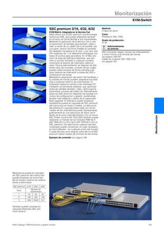 KVM-Switch
Monitorización
193Rittal Catálogo TI/Monitorización y gestión remota
Monitorización
SSC premium 2/16, 4/32, 8/32
KVM-Matrix integrada en la técnica Cat
Rittal ofrece con el SSC premium una tecnología
Switching KVM, que puede adaptarse también
en el futuro de forma flexible a sus necesidades.
Mediante la aplicación de la técnica Cat (o sea
la transmisión de señales para teclado, vídeo y
ratón a través de un cable Cat-x) es posible, por
una parte, reducir de forma notable la cantidad
de cableado necesaria en el rack, y por otra, per-
mitir sistemas de 1 UA altamente compactos con
hasta 32 puntos para servidores. En el SSC pre-
mium se trata de Vollmatrix-Switches, que per-
mite un acceso ilimitado a cualquier ususario
conectado al sistema de ordenador seleccio-
nado. Para la administración se dispone de dife-
rentes tipos de cónsolas, a través de las cuales
pueden seleccionarse de forma cómoda cual-
quier sistema de ordenador a través de OSD o
combinación de teclas.
Mediante la separación del switch del hardware y
la cónsola de mando pueden adaptarse los siste-
mas a cualquier entorno de ordenadores. El
ordenador realiza el cambio a las interfases PC
mediante convertidores aislados, que optimizan
todas las señales (teclado, vídeo, ratón) para la
transmisión a través del cable Cat. Naturalmente
todos los SSC premium disponen de amplias fun-
ciones de configuración y gestión, pudiéndose
ampliar más adelante a través de la capacidad
flash-upgrade. El Vollmatrix puede ampliarse
mediante la puesta en cascada de SSC premium
del mismo tipo en hasta 3 niveles. La estructura
del sistema en cascada hasta cada uno de los
niveles de los ordenadores puede representarse
gráficamente en una estructura de árbol, facili-
tando así la visión total del sistema. Con el nuevo
SSC Power Control (DK 7552.420) también puede
realizarse un mando de los módulos PSM de 8
(DK 7856.201) o PCU de 8 (DK 7200.001) con el
SSC premium. De esta forma cualquier servidor
conectado puede convertirse, en caso necesario,
en hard-rebootet – en cualquier punto del mundo!
A cada servidor se le asignan para ello en el SSC
premium hasta 3 bases de enchufe de tres tomas.
Ejemplo de conexión ver página 189.
Material:
Chapa de acero
Color:
Pintada en RAL 7035
Grado de protección:
IP 30
Adicionalmente
se precisa:
SSC Converter (según número de ordenadores)
y como mínimo una cónsola de mando,
ver página 195/197.
Cable de conexión (DK 7200.210),
ver página 167.
Mediante la puesta en cascada
de SSC premium del mismo tipo
puede ampliarse de forma flexi-
ble el número máximo de ordena-
dores a administrar.
También pueden ponerse en
cascada diferentes SSC pre-
mium entre si.
SSC premium 2/16 4/32 8/32
Nivel
Número de
ordenadores
1 16 32 32
2 128 256 128
3 1024 2048 512
 