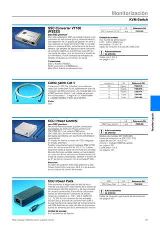 KVM-Switch
Monitorización
197Rittal Catálogo TI/Monitorización y gestión remota
Monitorización
SSC Converter VT100
(RS232)
para SSC premium
Con este adaptador SSC es posible integrar com-
ponentes de red activos (por ej. ethernet-switch),
que disponen de un puerto de gestión en serie y
que soportan el modo terminal VT100, en el SSC
premium sistema KVM y administrarlos de forma
remota. Las señales de salida en serie (conjunto
de símbolos ASCII) se transforman para ello en
una señal de vídeo, que se transmite a través de
la KVM-Matrix. Por el contrario las entradas de
teclado recibidas se convierten en serial.
Conexiones:
Sub-D 9 polos (RS232),
RJ 45 (conexión a KVM-Matrix),
Mini-DIN 4 (fuente de alimentación).
Unidad de envase:
Incl. fuente de alimentación
(100 – 240 V, 50/60 Hz/s
secundaria, 12 V/0,7 A,
cable de conexión a la red DK 7200.210).
Adicionalmente
se precisa:
Cable patch Cat 5,
ver página 197.
UE Referencia DK
SSC Converter VT100 1 pza. 7552.205
Cable patch Cat 5
Cable patch STP Cat 5 flexible, preconfeccio-
nado con conectores RJ 45 apantallados para la
conexión del SSC Converter y la consola SSC con
el SSC premium Switch. Los cables se encuen-
tran conectados 1: 1 según AT&T 258A/T568B
y cumplen ISO/IEC 11801, UL E151955.
Color:
Gris
Longitud m UE Referencia DK
0,5 4 pzas. 7320.470
2 4 pzas. 7320.472
5 4 pzas. 7320.475
10 1 pza. 7320.481
15 1 pza. 7320.485
SSC Power Control
para SSC premium
Mediante este adaptador pueden conectarse
las regletas de enchufes Power Control Unit
(DK 7200.001) y el módulo PSM activo
(DK 7856.201) de forma individual o de dos en
dos (para servidores con fuente de alimentación
redundante).
El mando se realiza a través del OSD integrado
en el SSC premium.
Pueden conectarse hasta 8 módulos PSM y PCU
(máx. 64 ubicaciones EN 60 320 C13). Pueden
asignarse hasta 3 bases de enchufe por servidor.
De esta forma es posible realizar un hard-reboot
de cada uno de los servidores a través de las cón-
solas de usuario conectadas, también a través de
su IP de red en conexión con la cónsola IP SSC.
Atención:
El cable de conexión entre SSC premium y SSC
Power Control con una long. de 2,5 m se encuen-
tra incluido en la unidad de envase.
Adicionalmente
se precisa:
Módulo de montaje (DK 7320.450),
fuente de alimentación (DK 7201.210),
cable de red (DK 7200.210),
mínimo 1 módulo PSM/PCU activo,
ver página 101.
Cable patch Cat 5,
ver página 197.
UE Referencia DK
SSC Power Control 1 pza. 7552.420
SSC Power Pack
Para aumentar la seguridad de fallo se reco-
mienda una ejecución redundante de la fuente de
alimentación del SSC premium y de las consolas
de usuario conectadas. Para ello se utiliza esta
fuente de alimentación compacta de amplio
rango de entrada (c.a.: 100 – 240 V, 50/60 Hz,
c.c.: 12 V/5 A) con conector de tres entradas
(EN 60 320) y enchufe de conexión Mini-DIN 4,
la cual mantiene la capacidad de funcionamiento
del KVM-Switches en caso de fallo de la primera
fuente de alimentación de la alimentación interna.
Unidad de envase:
Incl. accesorios de fijación.
Adicionalmente
se precisa:
Cable de conexión para fuente de alimentación,
ver página 167.
SSC UE Referencia DK
SSC Power Pack 1 pza. 7552.220
 