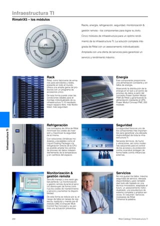 Infraestructura TI
RimatriX5 – los módulos
204 Rittal Catálogo TI/Infraestructura TI
InfraestructuraTI
Monitorización &
gestión remota
Sencillo manejo y una visión glo-
bal perfecta: La monitorización
y gestión remota durante el servi-
cio disminuyen de forma conti-
nua los costes de mantenimiento
y servicio y aumentan la disponi-
bilidad.
De esta forma se reduce por ej. el
riesgo de fallos en tareas de vigi-
lancia, medición y mando por el
módulo CMC (Computer Multi
Control-Top Concept) y se per-
mite una actuación preventiva.
Racks, energía, refrigeración, seguridad, monitorización &
gestión remota – los componentes para lograr su éxito.
Cinco módulos de infraestructura para un óptimo rendi-
miento de la infraestructura TI. La solución completa inte-
grada de Rittal con un asesoramiento individualizado.
Ampliada con una oferta de servicios para garantizar un
servicio y rendimiento máximo.
Energía
Este componente proporciona
una alimentación constante y sin
fallos de energía.
Abarcando la distribución de la
energía en el rack y el centro de
proceso de datos a partir del
concepto Power System Modul
PSM de Rittal y garantizando la
alimentación mediante el UPS-
Power Modul Concept PMC 200
modular.
Rack
Rittal, como fabricante de arma-
rios para servidores y redes,
presente en todo el mundo,
ofrece una amplia gama de pro-
ductos con un programa de
accesorios único.
De esta forma puede crear las
condiciones ideales para el
montaje individualizado de su
infraestructura TI. El resultado:
mayor espacio libre, más flexibi-
lidad, más seguridad.
Refrigeración
Los conceptos de clima de Rittal
minimizan los costes de inver-
sión y maximizan la seguridad
de la misma.
Con soluciones climáticas mo-
dulares y escalables como el
Liquid Cooling Package o la
refrigeración directa de la CPU
es posible ampliar los centros
de proceso de datos indepen-
dientemente de la temperatura
y sin cambios del espacio.
Seguridad
La seguridad física es uno de
los componentes más importan-
tes para garantizar una elevada
disponibilidad de toda la infra-
estructura TI.
Sensores térmicos, de humo
y vibraciones, así como moder-
nas soluciones para el control
de los accesos y la protección
contra incendios protegen de
forma fiable contra influencias
externas.
Servicios
No nos gustan los fallos: máxima
seguridad de servicio, elevada
disponibilidad y gran rentabili-
dad todo ello basado en una
técnica innovadora, adaptada al
futuro, un asesoramiento indivi-
dualizado, una arquitectura de
sistema completa y amplios ser-
vicios. En resumen: Servicios
modulares de Rittal.
Tómenos la palabra.
 