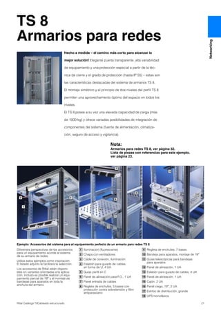 21Rittal Catálogo TI/Cableado estructurado
Networking
TS 8
Armarios para redes
Hecho a medida – el camino más corto para alcanzar la
mejor solución! Elegante puerta transparente, alta variabilidad
de equipamiento y una protección especial a partir de la téc-
nica de cierre y el grado de protección (hasta IP 55) – estas son
las características destacadas del sistema de armarios TS 8.
El montaje simétrico y el principio de dos niveles del perfil TS 8
permiten una aprovechamiento óptimo del espacio en todos los
niveles.
El TS 8 posee a su vez una elevada capacidad de carga (más
de 1000 kg) y ofrece variadas posibilidades de integración de
componentes del sistema (fuente de alimentación, climatiza-
ción, seguro de acceso y vigilancia).
2
4
1
5
6
3
11
7
9
10
12
8
15
13
16
18
14
17
Diferentes perspectivas de los accesorios
para un equipamiento acorde al sistema
de su armario de redes.
Utilice estos ejemplos como inspiración.
El listado adjunto le facilitará la selección.
Los accesorios de Rittal están disponi-
bles en variantes orientadas a la aplica-
ción. Incluso es posible realizar un equi-
pamiento parcial de 19″ y el montaje de
bandejas para aparatos en toda la
anchura del armario.
Iluminación (fluorescente)
Chapa con ventiladores
Cable de conexión, iluminación
Eslabón para guiado de cables,
en forma de U, 4 UA
Guías perfil en C
Panel de alineación para F.O., 1 UA
Panel entrada de cables
Regleta de enchufes, 5 bases con
protección contra sobretensión y filtro
antiparasitario
1
2
3
4
5
6
7
8
Regleta de enchufes, 7 bases
Bandeja para aparatos, montaje de 19″
Guías telescópicas para bandejas
para aparatos
Panel de alineación, 1 UA
Eslabón para guiado de cables, 4 UA
Panel de alineación, 1 UA
Cajón, 2 UA
Panel ciego, 19″, 2 UA
Estribo de distribución, grande
UPS monofásica
9
10
11
12
13
14
15
16
17
18
Ejemplo: Accesorios del sistema para el equipamiento perfecto de un armario para redes TS 8
Nota:
Armarios para redes TS 8, ver página 32.
Lista de piezas con referencias para este ejemplo,
ver página 23.
 