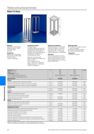 Telecomunicaciones
Rittal TC-Rack
222 Rittal Catálogo TI/Racks de distribución/telecomunicación/carro para aparatos
Telecomunicaciones
T
H1
H2H3H3
B
Material:
Bastidor de techo/suelo:
chapa de acero, 2 mm
Armazón base:
aluminio
Superficie:
Bastidor de techo/suelo:
texturizado en RAL 7035
Armazón base:
natural, cromatado
Unidad de envase:
Armazón base:
4 perfiles soporte de aluminio,
los perfiles frontales están pre-
parados para el montaje de
puertas, los posteriores para el
montaje de un dorsal y un
emparrillado de techo.
Bastidor de techo/suelo:
para el montaje de módulos de
techo y suelo.
Con cubierta de serie
(prof. = 300 mm) o cubiertas
deslizantes (prof. = 600 mm),
4 pies de nivelación.
Derechos de patente:
Patente alemana nº 43 33 027
Patente europea nº 0 645 957
con efecto para F, GB, I, NL
Patente EE.UU. nº 5,513,759
Patente japonesa nº 233373/94
Atención:
El rack para telecomunicacio-
nes en combinación con guías
perfil métricas (535 mm) cum-
ple las exigencias de la norma-
tiva ETS 300119-3.
Bajo demanda:
● TC-Rack con todos los acce-
sorios montados
● Puertas frontales partidas
● Dimensiones especiales
Esquemas,
consulte en internet.
Anchura (B) mm3) UE 600 600 Página
Altura (H1) mm3) 2200 2200
Profundidad (T) mm3) 300 600
Altura o medida de fijación (H2) mm 2050 (46 UA/82 US) 2050 (46 UA/82 US)
Altura bastidor de techo/suelo (H3) mm 75 75
Referencia DK 1 pza. 7723.035 7726.0352)
Puerta
Puerta de chapa de acero, parte frontal cerrada 1 pza. 7720.0352) 7720.0352) 223
Puerta de chapa de acero, frontal con ranuras de aireación 1 pza. 7722.0352) 7722.0352) 223
Puerta de chapa de acero, frontal con cierre de seguridad 1 pza. 7725.0352) 7725.0352) 223
Dorsal/Lateral
Dorsal 1 pza. 7729.2352) 7729.2352) 223
Laterales 2 pzas. 7713.235 7716.2352) 223
Techo
Fijación del emparrillado del techo 1 juego 7719.000 7719.000 223
Módulo de techo para la entrada de cables 1 pza. –1) 7701.0352) 223
Módulo de techo con ranuras de aireación 1 pza. 7702.0352) 7702.0352) 223
Módulo de ventilación activo 1 pza. 7703.0352) 7703.0352) 223
Zócalo
Módulo de zócalo para la entrada de cables 1 pza. –1) 7701.0352) 223
Módulo de zócalo con ranuras de aireación 1 pza. 7702.0352) 7702.0352) 223
Módulo de ventilación activo 1 pza. 7703.0352) 7703.0352) 223
Equipamiento interior
Bandejas para aparatos para guías perfil de 482,6 mm (19″) 1 pza. 7119.250 7119.400 323
Bandejas para aparatos para guías perfil métricas 1 pza. 7119.255 7119.455 323
Guías perfil de 482,6 mm (19″), 46 UA 2 pzas. 7758.000 7758.000 224
Guías perfil métricas (535 mm), 82 US 2 pzas. 7760.0002) 7760.0002) 224
Elementos de profundidad 6 pzas. 7128.0002) 7129.0002) 224
Guías de captación de cables para montaje en la anchura del armario 4 pzas. 7101.0002) 7101.0002) 224
Guías de captación de cables para montaje en la profundidad del armario 4 pzas. 7090.0002) 7107.0002) 224
Juego de puesta a tierra 1 juego 7277.000 7277.000 339
1) Ejecución especial bajo demanda. 2) Plazo de entrega bajo demanda.
3) Todas las medidas son medidas nominales. Medidas absolutas ver dibujo.
 