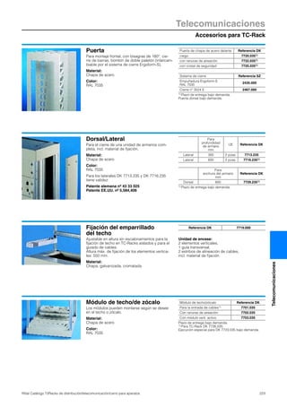 Accesorios para TC-Rack
Telecomunicaciones
223Rittal Catálogo TI/Racks de distribución/telecomunicación/carro para aparatos
Telecomunicaciones
Puerta
Para montaje frontal, con bisagras de 180°, cie-
rre de barras, bombín de doble paletón (intercam-
biable por el sistema de cierre Ergoform-S).
Material:
Chapa de acero
Color:
RAL 7035
Puerta de chapa de acero delante Referencia DK
ciego 7720.0351)
con ranuras de aireación 7722.0351)
con cristal de seguridad 7725.0351)
Sistema de cierre Referencia SZ
Empuñadura Ergoform-S
RAL 7035
2435.000
Cierre nº 3524 E 2467.000
1) Plazo de entrega bajo demanda.
Puerta dorsal bajo demanda.
Dorsal/Lateral
Para el cierre de una unidad de armarios com-
pleta, incl. material de fijación.
Material:
Chapa de acero
Color:
RAL 7035
Para los laterales DK 7713.235 y DK 7716.235
tiene validez:
Patente alemana nº 43 33 025
Patente EE.UU. nº 5,584,406
Para
profundidad
de armario
mm
UE Referencia DK
Lateral 300 2 pzas. 7713.235
Lateral 600 2 pzas. 7716.2351)
Para
anchura del armario
mm
Referencia DK
Dorsal 600 7729.2351)
1) Plazo de entrega bajo demanda.
Fijación del emparrillado
del techo
Ajustable en altura sin escalonamientos para la
fijación de techo en TC-Racks aislados y para el
guiado de cables.
Altura máx. de fijación de los elementos vertica-
les: 550 mm.
Material:
Chapa, galvanizada, cromatada
Unidad de envase:
2 elementos verticales,
1 guía transversal,
2 estribos de alineación de cables,
incl. material de fijación.
Referencia DK 7719.000
Módulo de techo/de zócalo
Los módulos pueden montarse según se desee
en el techo o zócalo.
Material:
Chapa de acero
Color:
RAL 7035
Módulo de techo/zócalo Referencia DK
Para la entrada de cables1) 7701.035
Con ranuras de aireación 7702.035
Con módulo vent. activo 7703.035
Plazo de entrega bajo demanda.
1) Para TC-Rack DK 7726.035.
Ejecución especial para DK 7723.035 bajo demanda.
 