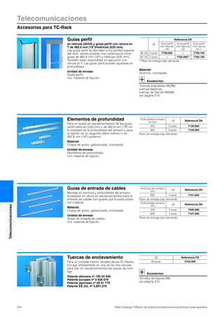 Telecomunicaciones
Accesorios para TC-Rack
224 Rittal Catálogo TI/Racks de distribución/telecomunicación/carro para aparatos
Telecomunicaciones
Guías perfil
en retícula UA/US y guías perfil con ranura en
T de 482,6 mm (19″)/métricas (535 mm).
Las guías perfil se atornillan a los perfiles soporte
del rack, siendo posible una combinación entre
guías de 482,6 mm (19″) y métricas (535 mm).
También están disponibles en ejecución con
ranura en T. Las guías perfil pueden ajustarse en
profundidad.
Unidad de envase:
Guías perfil,
incl. material de fijación.
Material:
Aluminio, cromatado
Accesorios:
Tuercas enjauladas M5/M6,
tuercas elásticas,
tuercas de fijación M5/M6,
ver página 314.
UE
Referencia DK
Guía perfil
con retícula
UA
Guía perfil
con retícula
US
Guía perfil
con ranura
en T
46 UA 2 pzas. 7758.000 – 7758.100
82 US 2 pzas. – 7760.0001) 7760.100
1) Plazo de entrega bajo demanda.
Elementos de profundidad
Para un ajuste sin escalonamientos de las guías
perfil métricas (535 mm) o de 482,6 mm (19″) en
la totalidad de la profundidad del armario o para
la fijación de un segundo plano métrico o de
482,6 mm (19″) posterior.
Material:
Chapa de acero, galvanizada, cromatada
Unidad de envase:
Elementos de profundidad,
incl. material de fijación.
Profundidad armario
en mm
UE Referencia DK
300 6 pzas. 7128.000
600 6 pzas. 7129.000
Plazo de entrega bajo demanda.
Guías de entrada de cables
Montaje en anchura y profundidad del armario
Ajustables en altura sin escalonamientos para la
entrada de cables con guiado por la parte poste-
rior o lateral.
Material:
Chapa de acero, galvanizada, cromatada
Unidad de envase:
Guías de entrada de cables,
incl. material de fijación.
Anchura del armario
mm
UE Referencia DK
600 4 pzas. 7101.000
Plazo de entrega bajo demanda.
Profundidad armario
mm
UE Referencia DK
300 4 pzas. 7090.000
600 4 pzas. 7107.000
Plazo de entrega bajo demanda.
Tuercas de enclavamiento
Para un montaje interior variable de los TC-Racks.
Encajar simplemente en una de las dos ranuras
para fijar sin escalonamientos las piezas de mon-
taje.
Patente alemana nº 195 24 648
Patente europea nº 0 836 679
Patente japonesa nº 28 91 779
Patente EE.UU. nº 5,897,276
Accesorios:
Tornillos de fijación M6,
ver página 315.
UE Referencia FR
50 pzas. 2102.500
 