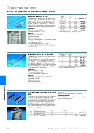 Telecomunicaciones
Accesorios para racks de distribución FM modulares
230 Rittal Catálogo TI/Racks de distribución/telecomunicación/carro para aparatos
Telecomunicaciones
Perfiles redondos FM
Para soluciones específicas o montaje modular
de armarios FM. Posibilidad de montar módulos
de perfil LSA-Plus 2/10. El diámetro del perfil es
de 12 mm y la distancia de ambos perfiles de
95 mm. Los perfiles redondos FM pueden com-
pletarse con la regleta guía de cables FM, posibi-
litando el alojamiento de los cables alineados.
Ejecución:
Altura de montaje: 120 mm
Anchura de montaje: 110 mm
Material:
Aero redondo, cromatado.
Unidad de envase:
2 perfiles redondos,
2 soportes de los perfiles y a partir de 650 pares
un soporte adicional,
incl. material de fijación.
En los artículos 7538.000 y 7539.000
se incluyen 2 estribos de alineación adicionales
(105 x 70 mm).
Perfil
LSA-Plus-1)
Módulos
de perfil 2/10
Longitud
mm
UE Referencia DK
170 pares 425 1 juego 7533.000
250 pares 625 1 juego 7534.000
330 pares 825 1 juego 7535.000
390 pares 975 1 juego 7536.000
650 pares 1625 1 juego 7538.000
730 pares 1825 1 juego 7539.000
1) Datos para regletas LSA en retícula: 25 mm.
Regletas guía de cables FM
Para soluciones específicas o montaje modular
de armarios FM.
Con las regletas guía de cables FM se consigue
la alineación entre los sistemas de conexión.
Las regletas guía de cables FM complementan
las regletas FM y los perfiles redondos FM, han
sido diseñadas para la conducción de los cables
de alineación. Se montan al lado de las regletas
FM o de los perfiles redondos FM.
Ejecución:
Altura de montaje: 132 mm
Anchura de montaje: 70 mm
Estribo de alineación: 105 x 70 mm
Material:
Chapa de acero, galvanizada, cromatada
Unidad de envase:
1 carril de montaje,
estribo de alineación,
incl. material de fijación.
Estribo de ali-
neación
Longitud
mm
UE Referencia DK
2 425 1 juego 7233.0001)
3 625 1 juego 7234.0001)
4 825 1 juego 7235.0001)
5 975 1 juego 7236.0001)
7 1625 1 juego 7238.000
8 1825 1 juego 7239.000
1) Plazo de entrega bajo demanda.
Escuadra de montaje universal
FM
La escuadra de montaje universal para regletas
LSA-Plus (8 o 10 pares) y otros sistemas de
conexión constan de 2 escuadras, que según su
posición pueden combinarse con sistemas de
conexión de diferentes fabricantes. Las escua-
dras pueden situarse una junto a la otra permi-
tiendo el montaje de regletas de diferente longi-
tud. Pueden montarse en cajas de distribución
FM o sobre las regletas FM.
Material:
Chapa de acero, galvanizada, cromatada
Unidad de envase:
2 escuadras de montaje, elementos de montaje,
incl. material de fijación.
Longitud
mm
Sistema de conexión
LSA-
Plus
Otros
sistemas de conexión UE Referencia DK
Medida retícula mm 22,5 17,5
275 Número de regletas 12 15 1 juego 7031.100
 