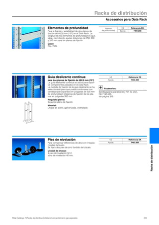 Accesorios para Data Rack
Racks de distribución
233Rittal Catálogo TI/Racks de distribución/telecomunicación/carro para aparatos
Racksdedistribución
Elementos de profundidad
Para la fijación y estabilidad de dos planos de
fijación de 482,6 mm (19″) en el Data Rack. La
longitud de los elementos de profundidad es ajus-
table, permitiendo ajustar distancias de 250, 300
y 350 mm para los planos de fijación.
Color:
RAL 7035
Estribos
de profundidad
UE Referencia DK
2 pzas. 7401.000
Guía deslizante continua
para dos planos de fijación de 482,6 mm (19″)
La guía deslizante contínua se utiliza para sopor-
tar componentes pesados en el Data Rack.
La medida de fijación de la guía deslizante se ha
seleccionado para que pueda combinarse con
bandejas para aparatos en pulgadas de 500 mm
de profundidad. Distancia de fijación de los pla-
nos en pulgadas 350 mm.
Requisito previo:
Segundo plano de fijación
Material:
Chapa de acero, galvanizada, cromatada
Accesorios:
Bandeja para aparatos 500 mm de prof.,
DK 7145.035,
ver página 319.
UE Referencia DK
2 pzas. 7402.000
Pies de nivelación
Para compensar diferencias de altura en irregula-
ridades del suelo.
Se fijan a los pies de cinc fundido del zócalo.
Unidad de envase:
4 pies de nivelación M12,
zona de nivelación 40 mm.
UE Referencia DK
4 pzas. 7493.000
 