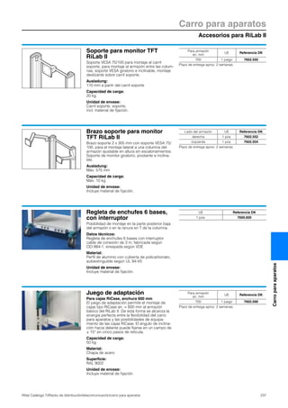Accesorios para RiLab II
Carro para aparatos
237Rittal Catálogo TI/Racks de distribución/telecomunicación/carro para aparatos
Carroparaaparatos
Soporte para monitor TFT
RiLab II
Soporte VESA 75/100 para montaje al carril
soporte, para montaje al armazón entre las colum-
nas, soporte VESA giratorio e inclinable, montaje
deslizante sobre carril soporte.
Ausladung:
110 mm a partir del carril soporte
Capacidad de carga:
20 kg
Unidad de envase:
Carril soporte, soporte,
incl. material de fijación.
Para armazón
an. mm
UE Referencia DK
700 1 juego 7602.550
Plazo de entrega aprox. 2 semanas.
Brazo soporte para monitor
TFT RiLab II
Brazo soporte 2 x 305 mm con soporte VESA 75/
100, para el montaje lateral a una columna del
armazón ajustable en altura sin escalonamientos.
Soporte de monitor giratorio, pivotante e inclina-
ble.
Ausladung:
Máx. 575 mm
Capacidad de carga:
Máx. 10 kg
Unidad de envase:
Incluye material de fijación.
Lado del armazón UE Referencia DK
derecha 1 pza. 7602.552
izquierda 1 pza. 7602.554
Plazo de entrega aprox. 2 semanas.
Regleta de enchufes 6 bases,
con interruptor
Posibilidad de montaje en la parte posterior baja
del armazón o en la ranura en T de la columna.
Datos técnicos:
Regleta de enchufes 6 bases con interruptor
cable de conexión de 3 m, fabricada según
CEI 884-1, ensayada según VDE
Material:
Perfil de aluminio con cubierta de policarbonato,
autoextinguible según UL 94-V0
Unidad de envase:
Incluye material de fijación.
UE Referencia DK
1 pza. 7600.600
Juego de adaptación
Para cajas RiCase, anchura 600 mm
El juego de adaptación permite el montaje de
cajas tipo RiCase an. = 600 mm al armazón
básico del RiLab II. De esta forma se alcanza la
sinergia perfecta entre la flexibilidad del carro
para aparatos y las posibilidades de equipa-
miento de las cajas RiCase. El ángulo de inclina-
ción hacia delante puede fijarse en un campo de
± 15° en cinco pasos de retícula.
Capacidad de carga:
50 kg
Material:
Chapa de acero
Superficie:
RAL 9002
Unidad de envase:
Incluye material de fijación.
Para armazón
an. mm
UE Referencia DK
700 1 juego 7602.590
Plazo de entrega aprox. 2 semanas.
 
