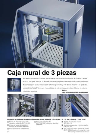 24 Rittal Catálogo TI/Cableado estructurado
4
1
2
3
Estribo de alineación con guiado
de cables, poliamida (DK 7159.035)
2 filtros de salida (SK 3322.207),
incluidos en la unidad de envase
Caja de derivación (DK 7280.035)
1
2
3
Empuñadura Confort Mini
(DK 7705.120), incluidos en la unidad
de envase
4 Regleta de enchufes, 7 bases
(DK 7240.210)
Bandeja para aparatos, 2 UA, montaje fijo
(DK 7119.400)
Guía con puesta a tierra en forma de estrella
(DK 7113.000), incluida en la unidad de envase
5
6
7
Accesorios del sistema de la caja mural premontada, de tres piezas (DK 7715.735), An. x Al. x Pr. mm = 600 x 746 x 572,5, 15 UA:
5
6
7
Caja mural de 3 piezas
Alto grado de protección y acceso óptimo gracias a la construcción pivotante de 3 piezas – la caja
mural EL con guías perfil de 19″ es ideal para redes pequeñas, descentralizadas, como distribuidor
de plantas o para cualquier aplicación «Ethernet goes factory». Un diseño atractivo y un grado de
protección de hasta IP 55 no son incompatibles, de esta forma puede incluso utilizarse en entornos
industriales agresivos. Nota:
Caja mural de 3 piezas, ver página 62.
 