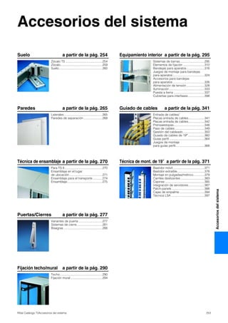 253Rittal Catálogo TI/Accesorios del sistema
Accesoriosdelsistema
Accesorios del sistema
Suelo a partir de la pág. 254
Zócalo TS ...........................................254
Zócalo.................................................259
Suelo...................................................260
Paredes a partir de la pág. 265
Laterales.............................................265
Paredes de separación......................268
Técnica de ensamblaje a partir de la pág. 270
Para TS 8............................................270
Ensamblaje en el lugar
de ubicación.......................................271
Ensamblaje para el transporte ...........274
Ensamblaje.........................................275
Puertas/Cierres a partir de la pág. 277
Variantes de puerta............................277
Sistemas de cierre..............................281
Bisagras .............................................288
Fijación techo/mural a partir de la pág. 290
Techo..................................................290
Fijación mural .....................................294
Equipamiento interior a partir de la pág. 295
Sistemas de barras.............................295
Elementos de fijación .........................310
Bandejas para aparatos.....................316
Juegos de montaje para bandejas
para aparatos .....................................324
Accesorios para bandejas
para aparatos .....................................326
Alimentación de tensión .....................328
Iluminación .........................................333
Puesta a tierra ....................................337
Cubiertas para interfases ...................398
Guiado de cables a partir de la pág. 341
Entrada de cables/
Placas entrada de cables...................341
Placas entrada de cables...................342
Prensaestopas....................................348
Paso de cables...................................349
Gestión del cableado .........................350
Guiado de cables de 19″ ...................360
Guías perfil .........................................364
Juegos de montaje
para guías perfil..................................368
Técnica de mont. de 19″ a partir de la pág. 371
Bastidor móvil.....................................371
Bastidor extraíble................................378
Montaje en pulgadas/métrico.............379
Carriles deslizantes ............................383
Cajones ..............................................385
Integración de servidores...................387
Patch-panels ......................................388
Cajas de empalme .............................394
Técnica LSA .......................................397
 