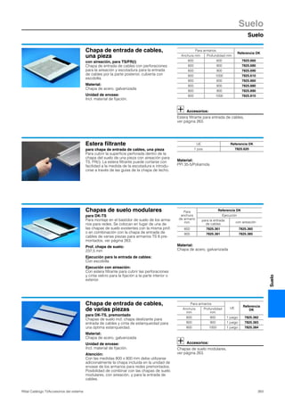 Suelo
Suelo
263Rittal Catálogo TI/Accesorios del sistema
Suelo
Chapa de entrada de cables,
una pieza
con aireación, para TS/FR(i)
Chapa de entrada de cables con perforaciones
para la aireación y escotadura para la entrada
de cables por la parte posterior, cubierta con
escobilla.
Material:
Chapa de acero, galvanizada
Unidad de envase:
Incl. material de fijación.
Accesorios:
Estera filtrante para entrada de cables,
ver página 263.
Para armarios
Referencia DK
Anchura mm Profundidad mm
600 600 7825.660
600 800 7825.680
600 900 7825.690
600 1000 7825.610
800 600 7825.860
800 800 7825.880
800 900 7825.890
800 1000 7825.810
Estera filtrante
para chapa de entrada de cables, una pieza
Para cubrir la superficie perforada dentro de la
chapa del suelo de una pieza con aireación para
TS, FR(i). La estera filtrante puede cortarse con
facilidad a la medida de la escotadura e introdu-
cirse a través de las guías de la chapa de techo.
Material:
PPI 35-5/Poliamida
UE Referencia DK
1 pza. 7825.620
Chapas de suelo modulares
para DK-TS
Para montaje en el bastidor de suelo de los arma-
rios para redes. Se colocan en lugar de una de
las chapas de suelo existentes con la misma prof.
o en combinación con la chapa de entrada de
cables de varias piezas para armarios TS 8 pre-
montados, ver página 263.
Prof. chapa de suelo:
237,5 mm
Ejecución para la entrada de cables:
Con escobilla
Ejecución con aireación:
Con estera filtrante para cubrir las perforaciones
y cinta velcro para la fijación a la parte interior o
exterior.
Material:
Chapa de acero, galvanizada
Para
anchura
de armario
mm
Referencia DK
Ejecución
para la entrada
de cables
con aireación
600 7825.361 7825.360
800 7825.381 7825.380
Chapa de entrada de cables,
de varias piezas
para DK-TS, premontado
Chapas de suelo incl. chapa deslizante para
entrada de cables y cinta de estanqueidad para
una óptima estanqueidad.
Material:
Chapa de acero, galvanizada
Unidad de envase:
Incl. material de fijación.
Atención:
Con las medidas 800 x 800 mm debe utilizarse
adicionalmente la chapa incluida en la unidad de
envase de los armarios para redes premontados.
Posibilidad de combinar con las chapas de suelo
modulares, con aireación, y para la entrada de
cables.
Accesorios:
Chapas de suelo modulares,
ver página 263.
Para armarios
UE
Referencia
DKAnchura
mm
Profundidad
mm
800 800 1 juego 7825.382
800 900 1 juego 7825.383
800 1000 1 juego 7825.384
 