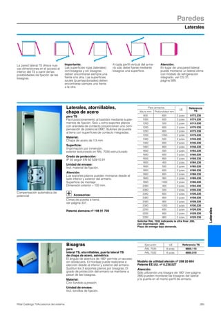 Laterales
Paredes
265Rittal Catálogo TI/Accesorios del sistema
Laterales
La pared lateral TS ofrece nue-
vas dimensiones en el acceso al
interior del TS a partir de las
posibilidades de fijación de las
bisagras.
Importante:
Las superficies rojas (laterales)
con bisagras y sin bisagras
deben encontrarse siempre una
frente a la otra. Las superficies
azules (puertas/dorsales) deben
encontrarse siempre una frente
a la otra.
A cada perfil vertical del arma-
rio sólo debe fijarse mediante
bisagras una superficie.
Atención:
En lugar de una pared lateral
puede montarse un lateral clima
con módulo de refrigeración
integrado, ver CG 31,
página 589.
Laterales, atornillables,
chapa de acero
para TS
Fácil posicionamiento al bastidor mediante suple-
mentos de fijación. Seis u ocho soportes planos
con arandela de contacto proporcionan una com-
pensación de potencial EMC. Bulones de puesta
a tierra con superficies de contacto integradas.
Material:
Chapa de acero de 1,5 mm
Superficie:
Imprimación por inmersión,
exterior texturizado en RAL 7035 estructurado
Grado de protección:
IP 55 según EN 60 529/10.91
Unidad de envase:
Incl. material de fijación.
Atención:
Los soportes planos pueden montarse desde el
lado interior y exterior del armario.
Superficie de montaje:
Dimensión exterior – 100 mm.
Accesorios:
Cintas de puesta a tierra,
ver página 337.
Patente alemana nº 198 01 720
Para armarios
UE
Referencia
TSAltura mm Profundidad mm
800 600 2 pzas. 8173.235
1000 600 2 pzas. 8174.235
1200 500 2 pzas. 8115.235
1200 600 2 pzas. 8170.235
1200 800 2 pzas. 8175.235
1200 1000 2 pzas. 8176.235
1400 500 2 pzas. 8145.235
1400 600 2 pzas. 8146.235
1400 800 2 pzas. 8148.235
1600 500 2 pzas. 8165.235
1600 600 2 pzas. 8166.235
1600 800 2 pzas. 8168.235
1800 400 2 pzas. 8184.235
1800 500 2 pzas. 8185.235
1800 600 2 pzas. 8186.235
1800 800 2 pzas. 8188.235
1800 900 2 pzas. 8189.235
1800 1000 2 pzas. 8180.235
2000 400 2 pzas. 8104.235
2000 500 2 pzas. 8105.235
2000 600 2 pzas. 8106.235
2000 800 2 pzas. 8108.235
2000 900 2 pzas. 8109.235
2000 1000 2 pzas. 8100.235
2200 600 2 pzas. 8126.235
2200 800 2 pzas. 8128.235
2200 900 2 pzas. 8129.235
Solicitar RAL 7032 indicando la cifra final .200,
con imprimación .300.
Plazo de entrega bajo demanda.
Compensación automática de
potencial
Bisagras
para
lateral TS, atornillables, puerta lateral TS
de chapa de acero, asimétrica
El ángulo de abertura de 180° permite un acceso
sin obstáculos. El montaje puede realizarse a
elección desde el interior y exterior del armario.
Sustituir los 3 soportes planos por bisagras. El
grado de protección del armario se mantiene a
pesar de las bisagras.
Material:
Cinc fundido a presión
Unidad de envase:
Incl. tornillos de fijación.
Modelo de utilidad alemán nº 298 20 604
Patente EE.UU. nº 6,238,027
Atención:
Sólo utilizando una bisagra de 180° (ver página
288) pueden montarse las bisagras del lateral
y la puerta en el mismo perfil de armario.
Ejecución UE Referencia TS
RAL 7035 6 pzas. 8800.110
RAL 7032 6 pzas. 8800.010
 