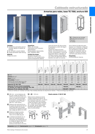Armarios para redes, base TE 7000, anchura 600
Cableado estructurado
27Rittal Catálogo TI/Cableado estructurado
Cableadoestructurado
495 mm – es la distancia de
los dos niveles de 482,6 mm
(19″) en el momento del sumi-
nistro en todos los formatos
de armarios. Corresponde a
la medida nominal TS prof.
400 mm, nivel interior.
Distancia de retícula 50 mm.
En pasos de retícula de 50 mm
(445 hasta 695 mm) puede
modificarse la distancia de los
dos niveles de 482,6 mm (19″).
Distancia hasta la puerta:
52,5 mm en 600 de prof.
152,5 mm en 800 de prof.
La distancia de fijación en un
marco de montaje posterior,
transversal, se corresponde con
la medida de fijación del marco
de un TS 8 de 600 mm de
anchura (nivel interior, 512 mm).
= – 120 mm
Seleccione la distancia de los
niveles mediante la fijación de
perforaciones oblicuas. Le ofrece-
mos también todos los compo-
nentes de fijación más importan-
tes – chasis del sistema, juegos
de montaje, guías deslizantes,
bandejas para aparatos – varia-
bles en profundidad.
Diseño alemán nº 403 07 489
C
A
D
E
B
D
800
600
A
600 600
D
A
UA (HE) 11 11 24 24 42 42 47 47
Anchura (B) mm1) 600 600 600 600 600 600 600 600
Altura (H) mm1) 600 600 1200 1200 2000 2000 2200 2200
Profundidad (T1) mm1) 600 800 600 800 600 800 600 800
Distancia del nivel de 482,6 mm (19″)
en el momento de suministro mm
495 495 495 495 495 495 495 495
Referencia TE, RAL 7035 7000.390 7000.410 7000.430 7000.440 7000.500 7000.510 7000.560 7000.570
Referencia TE como armario ensamblable
sin laterales, incl. juego de ensamblaje, RAL 7035
– – – – 7000.502 – 7000.562 –
Referencia TE incl. laterales, RAL 9005 – – – – 7000.5052) 7000.5152) – –
1) Todas las medidas son medidas nominales. Para medidas absolutas ver esquemas en internet. 2) Plazo de entrega bajo demanda.
A
A
B
C
D
E A
T
H
B
HE
19˝
A
Ventajas:
● Accesorios pensados para el
montaje rápido en estado de
entrega
● Sin armazón, acceso óptimo
● Carga admisible hasta 400 kg
Material:
Chapa de acero
Superficie:
Marco de montaje:
imprimación por inmersión
electroforesis
Piezas planas: texturizadas,
RAL 7035/RAL 9005.
Unidad de envase:
Armazón de marco de
482,6 mm (19″) autoportante,
puerta transparente delante,
cierre de barras de dos puntos,
empuñadura y cierre de seguri-
dad 3524 E,
puerta de chapa de acero
detrás, cierre de barras de dos
puntos, empuñadura y cierre de
seguridad 3524 E, laterales de
montaje a presión opcionales,
con cierre de seguridad 3524 E,
bastidor de suelo con escota-
dura máxima (a elección para
equipar con módulos), chapa de
techo para la entrada de cables
con escotadura oculta para
montaje de ventilador, pies de
nivelación, bulones de distan-
ciamiento para elevar el techo.
Esquemas,
lo encontrará en internet.
Accesorios página 252 Monitorización página 187 Climatización página 113
= Distancia de montaje
definida para accesorios
Premium,
ver abajo.
A
 