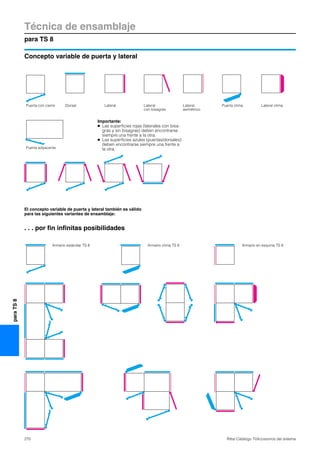 Técnica de ensamblaje
para TS 8
270 Rittal Catálogo TI/Accesorios del sistema
paraTS8
. . . por fin infinitas posibilidades
Importante:
● Las superficies rojas (laterales con bisa-
gras y sin bisagras) deben encontrarse
siempre una frente a la otra.
● Las superficies azules (puertas/dorsales)
deben encontrarse siempre una frente a
la otra.
Puerta con cierre Dorsal
El concepto variable de puerta y lateral también es válido
para las siguientes variantes de ensamblaje:
Armario estándar TS 8 Armario clima TS 8 Armario en esquina TS 8
Puerta adyacente
Lateral,
asimétrico
Lateral Lateral
con bisagras
Puerta clima Lateral clima
Concepto variable de puerta y lateral
 