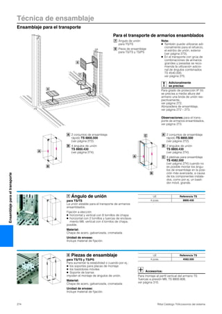 Técnica de ensamblaje
Ensamblaje para el transporte
274 Rittal Catálogo TI/Accesorios del sistema
Ensamblajeparaeltransporte
Para el transporte de armarios ensamblados
7
8
8
Ángulo de unión
para TS/TS
Pieza de ensamblaje
para TS/TS y TS/PS
7
8
2 conjuntos de ensamblaje
rápido TS 8800.500
(ver página 272).
4 ángulos de unión
TS 8800.430
(ver página 274).
B
A
A
B
2 conjuntos de ensamblaje
rápido TS 8800.500
(ver página 272).
2 ángulos de unión
TS 8800.430
(ver página 274).
4 pletinas para ensamblaje
TS 4582.500
(ver página 274) cuando no
es posible montar los ángu-
los de ensamblaje en la posi-
ción más avanzada, a causa
de los componentes instala-
dos, como por ej. un basti-
dor móvil, grande.
B
C
A
A
B
C
Nota:
● También puede utilizarse adi-
cionalmente para el refuerzo,
el estribo de unión, exterior
(ver página 273).
● En el transporte con grúa de
combinaciones de armarios
grandes y pesadas se reco-
mienda la utilización adicio-
nal de ángulos combinados
TS 4540.000,
ver página 275.
Adicionalmente
se precisa:
Para grado de protección IP 55:
se precisa a media altura del
armario una brida de unión res-
pectivamente,
ver página 272.
Abrazadera de ensamblaje,
ver página 272 – 273.
Observaciones para el trans-
porte de armarios ensamblados,
ver página 273.
Ángulo de unión
para TS/TS
La unión estable para el transporte de armarios
ensamblados.
Fijación a elección
● horizontal y vertical con 8 tornillos de chapa
● horizontal con 2 tornillos y tuercas de enclava-
miento M8, vertical con 4 tornilos de chapa.
posible.
Material:
Chapa de acero, galvanizada, cromatada
Unidad de envase:
Incluye material de fijación.
7 UE Referencia TS
4 pzas. 8800.430
Piezas de ensamblaje
para TS/TS y TS/PS
Para aumentar la estabilidad o cuando por ej.:
● los soportes para placas de montaje
● los bastidores móviles
● Soporte de barras
impiden el montaje de ángulos de unión.
Material:
Chapa de acero, galvanizada, cromatada
Unidad de envase:
Incluye material de fijación.
Accesorios:
Para montaje al perfil vertical del armario TS:
Tuercas a presión M8, TS 8800.808,
ver página 310.
8 UE Referencia TS
4 pzas. 4582.500
 