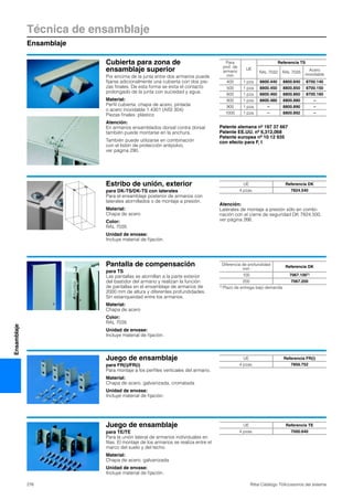 Técnica de ensamblaje
Ensamblaje
276 Rittal Catálogo TI/Accesorios del sistema
Ensamblaje
Cubierta para zona de
ensamblaje superior
Por encima de la junta entre dos armarios puede
fijarse adicionalmente una cubierta con dos pie-
zas finales. De esta forma se evita el contacto
prolongado de la junta con suciedad y agua.
Material:
Perfil cubierta: chapa de acero, pintada
o acero inoxidable 1.4301 (AISI 304)
Piezas finales: plástico
Atención:
En armarios ensamblados dorsal contra dorsal
también puede montarse en la anchura.
También puede utilizarse en combinación
con el listón de protección antipolvo,
ver página 290.
Patente alemana nº 197 37 667
Patente EE.UU. nº 6,312,068
Patente europea nº 10 12 935
con efecto para F, I
Para
prof. de
armario
mm
UE
Referencia TS
RAL 7032 RAL 7035
Acero
inoxidable
400 1 pza. 8800.440 8800.840 8700.140
500 1 pza. 8800.450 8800.850 8700.150
600 1 pza. 8800.460 8800.860 8700.160
800 1 pza. 8800.480 8800.880 –
900 1 pza. – 8800.890 –
1000 1 pza. – 8800.892 –
Estribo de unión, exterior
para DK-TS/DK-TS con laterales
Para el ensamblaje posterior de armarios con
laterales atornillados o de montaje a presión.
Material:
Chapa de acero
Color:
RAL 7035
Unidad de envase:
Incluye material de fijación.
Atención:
Laterales de montaje a presión sólo en combi-
nación con el cierre de seguridad DK 7824.500,
ver página 266.
UE Referencia DK
4 pzas. 7824.540
Pantalla de compensación
para TS
Las pantallas se atornillan a la parte exterior
del bastidor del armario y realizan la función
de pantallas en el ensamblaje de armarios de
2000 mm de altura y diferentes profundidades.
Sin estanqueidad entre los armarios.
Material:
Chapa de acero
Color:
RAL 7035
Unidad de envase:
Incluye material de fijación.
Diferencia de profundidad
mm
Referencia DK
100 7067.1001)
200 7067.200
1) Plazo de entrega bajo demanda.
Juego de ensamblaje
para FR(i)/FR(i)
Para montaje a los perfiles verticales del armario.
Material:
Chapa de acero, galvanizada, cromatada
Unidad de envase:
Incluye material de fijación.
UE Referencia FR(i)
4 pzas. 7856.752
Juego de ensamblaje
para TE/TE
Para la unión lateral de armarios individuales en
filas. El montaje de los armarios se realiza entre el
marco del suelo y del techo.
Material:
Chapa de acero, galvanizada
Unidad de envase:
Incluye material de fijación.
UE Referencia TE
4 pzas. 7000.640
 