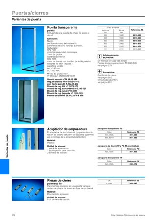 Puertas/cierres
Variantes de puerta
278 Rittal Catálogo TI/Accesorios del sistema
Variantesdepuerta
Puerta transparente
para TS
En lugar de una puerta de chapa de acero o
dorsal.
Ejecución:
Marco:
perfil de aluminio extrusionado,
cantoneras de cinc fundido a presión,
texturizado
RAL 7035
cristal de seguridad monocapa,
3 mm de grosor,
sombreado interior
RAL 7015
cierre de barras con bombín de doble paletón
bisagras de 180° (4 pzas.)
superficie visible:
An. – 140 mm,
Al. – 160 mm.
Grado de protección:
IP 55 según EN 60 529/10.91
Diseño alemán nº M 98 03 844
Reg. de diseño IR nº DM/045 440
con efecto para B, F, NL, H, LU
Diseño de reg. UK nº 2 076 673
Diseño de reg. surcoreano nº 0 240 621
Diseño de reg. ruso nº 46 300
Diseño de reg. japonés nº 1 056 165
Patente de diseño EE.UU. nº 418 608
Adicionalmente
se precisa:
En montaje en lugar del dorsal:
Piezas de cierre para marco TS 8800.040,
ver página 278.
Accesorios:
Bombines de cierre,
ver página 282.
Empuñadura Confort,
ver página 281.
Para armarios
Referencia TSAnchura
mm
Altura
mm
600 1800 8610.680
800 1800 8610.880
600 2000 8610.600
800 2000 8610.800
600 2200 8610.620
800 2200 8610.820
Adaptador de empuñadura
El adaptador de empuñadura compensa la incli-
nación de diseño del perfil de la puerta y permite
así el montaje de la empuñadura Confort.
Material:
Plástico
Unidad de envase:
1 placa de adaptación,
1 prolongación para tracción,
2 tornillos de fijación.
para puerta transparente TS
Color Referencia TS
RAL 7035 8611.080
RAL 8019 8611.090
para puerta de diseño IW y PC-TS, puerta abajo
Color Referencia PC
RAL 7035 8611.300
para puerta transparente IW
Color Referencia IW
RAL 7035 6903.170
Piezas de cierre
para marco TS
Para montaje posterior en una puerta transpa-
rente o de chapa de acero en lugar de un dorsal.
Material:
Cinc fundido a presión
Unidad de envase:
Incl. tornillos de fijación.
UE Referencia TS
4 pzas. 8800.040
 
