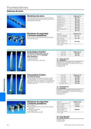 Puertas/cierres
Sistemas de cierre
282 Rittal Catálogo TI/Accesorios del sistema
Sistemasdecierre
Bombines de cierre
Para empuñaduras Confort y el cierre TS están-
dar (para intercambiar los bombines de cierre de
doble paletón estándar).
Ejecución Referencia TS
Cuadrado 7 mm 8611.100
Cuadrado 8 mm 8611.110
Triangular 6,5 mm 8611.220
Triangular 7 mm 8611.120
Triangular 8 mm 8611.130
Destornillador 8611.140
Daimler 8611.150
Doble paletón 3 mm 8611.160
Fiat 8611.170
Bombines de seguridad
y botones pulsadores
Para montaje en las empuñaduras Confort para
bombines de cierre.
Ejecución Referencia TS
Bombín de seguridad
con cierre nº 3524 E
8611.1801)
Botón pulsador 8611.190
Botón pulsador y
bombín de seguridad,
cierre nº 12321;
otros cierres no aptos
8611.2001)
1) con 2 llaves
Empuñadura Confort
Con bombín de seguridad, cierre E1
Sólo para aplicaciones en VW, Audi,
SEAT, SkodaAuto.
Suministro sin llave.
Longitud: 295 mm.
Otros cierres VW bajo demanda.
Adicionalmente
se precisa:
Adaptador de empuñadura para montaje en
la puerta transparente TS, puerta inferior PC-TS,
puerta de diseño IW,
ver página 278.
Ejecución Referencia TS
RAL 7032 8611.040
RAL 7035 8611.045
Empuñadura Confort
para cilindros medios
Preparada para el montaje de cilindros medios
convencionales, 40 o 45 mm de longitud total,
según DIN 18 254, ver página 287, y bombines de
seguridad y con botón pulsador, ver página 282.
Longitud: 302 mm.
Adicionalmente
se precisa:
Adaptador de empuñadura para montaje en
la puerta transparente TS, puerta inferior PC-TS,
puerta de diseño IW,
ver página 278.
Ejecución Referencia TS
RAL 7032 8611.060
RAL 7035 8611.070
RAL 8019 8611.270
RAL 9005 8611.360
Niquelado mate 8611.340
Bombines de seguridad
y botones pulsadores
Para montaje en
● la empuñadura Confort para cilindros medios,
ver arriba,
● Ergoform-S estándar,
ver página 284.
● Empuñadura palanca CM
Como alternativa
puede utilizarse:
Cilindro medio,
ver página 287.
Ejecución Referencia SZ
Bombín de seguridad con
cierre nº 3524 E
2467.0001)
Botón pulsador 2468.000
Botón pulsador y
bombín de seguridad,
cierre nº 2123;
otros cierres no aptos
2469.0001)
1) con 2 llaves
 
