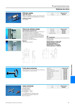 Sistemas de cierre
Puertas/cierres
287Rittal Catálogo TI/Accesorios del sistema
Sistemasdecierre
Cilindro medio
según DIN 18 252
40 mm, con diferentes cierres, para cierres indivi-
duales en sistemas de empuñadura con cilindro.
Unidad de envase:
Incl. 3 llaves.
UE Referencia CS
1 juego 9785.040
Cierre de cilindro medio
para armarios compactos AE
Para montaje posterior en todos los armarios de
una puerta con cierre de aladabilla.
La cubierta se enclava mediante cilindros
medios de 40 o 45 mm de longitud total (según
DIN 18 254). Una cubierta adicional protege el
cilindro de la suciedad. El grado de protección
del armario no se reduce.
Suministro sin cilindros medios.
Material:
Cinc fundido a presión
Accesorios:
Cilindro medio,
ver página 287.
Patente alemana nº 195 12 280
Patente europea nº 0778 913
con efecto para GB, F, I
Patente EE.UU. nº 5,916,282
Patente japonesa nº 3.088.465
4991.5
55
90
55 28.5
27.5
70
90
Ejecución Referencia SZ
RAL 7035 2534.100
RAL 7032 2534.000
niquelado (mate) 2534.500
Llave para armarios
Para bombines de cierre (se adjunta una llave de
doble paletón en cada armario).
Ejecución Referencia SZ
Doble paletón nº 5 2531.000
Cierre de seguridad nº 3524 E 2532.000
Triangular 7 mm 2545.000
Triangular 8 mm 2546.000
Cuadrado 7 mm 2547.000
Cuadrado 8 mm 2548.000
para Daimler 2521.000
para Fiat 2308.000
Llave universal
Para aplicaciones:
● Doble paletón
● Triangular 6 mm
● Cuadrado 7 – 8 mm
● Triangular 7 – 9 mm
Con adaptador bit y volteador para:
● Tamaño de hexágono interior 25
● En cruz (Ph 2)
UE Referencia SZ
1 pza. 2549.500
 