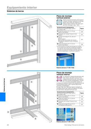 Equipamiento interior
Sistemas de barras
298 Rittal Catálogo TI/Accesorios del sistema
Sistemasdebarras
1
1
2
4
3
Óptimo aprovechamiento del espacio
y rápido montaje mediante el montaje
directo del chasis de sistema TS
sobre el plano exterior del perfil verti-
cal TS 8. ¡Encajar y fijar - listo!
Patente alemana nº 196 47 802
Accesorios para el equipamiento
(Numeración correlativa según gráfico
de la página 296)
Página
Chasis del sistema TS 17 x 73 mm
para el nivel exterior
299
Travesaño de montaje TS para el nivel
exterior
303
Carriles de montaje TS 18 x 38 mm1)
para el
● nivel exterior
● los perfiles horizontales del armario
● la guía de adaptación para compatibili-
dad PS
302
Chasis del sistema TS 17 x 73 mm
para el nivel interior
299
1) En los armarios con placa de montaje se incluyen
en la unidad de envase dos carriles de montaje TS
18 x 38 mm como ayuda para el montaje. Tras el
montaje de la placa de montaje pued eincorporarse,
como se muestra aquí, el carril de montaje TS.
1
2
3
4
Plano de montaje
vertical exterior
4
5
1
9
9
4
La utilización independientemente del
nivel interior del perfil vertical TS 8,
independientemente del nivel exterior,
permite nuevas posibilidades. Incluso
en un armario es posible realizar el
montaje de cualquier sistema de equipamiento de
forma perfecta para crear nuevas soluciones.
¡Infinitas posibilidades!
Encajar, fijar, listo: Montaje rápido mediante el
montaje directo del chasis de sistema TS sobre
el nivel interior del perfil vertical TS 8.
Patente alemana nº 196 47 802
Accesorios para el equipamiento
(Numeración correlativa según gráfico
de la página 296)
Página
Chasis del sistema TS 17 x 73 mm
para el nivel exterior
299
Chasis del sistema TS 17 x 23 mm
para el nivel interior
299
Travesaño de montaje TS para el nivel
interior
303
Chasis de montaje PS 23 x 73 mm
con soporte combinado PS
304
1
4
5
9
Plano de montaje
vertical interior
 