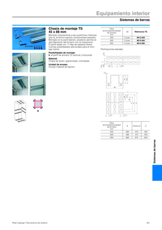 Sistemas de barras
Equipamiento interior
301Rittal Catálogo TI/Accesorios del sistema
Sistemasdebarras
Chasis de montaje TS
45 x 88 mm
Montado directamente a las superficies interiores
(por ej. el techo) soporta componentes pesados.
Montado en la parte lateral o posterior permite el
atornillamiento del armario con la maquinaria.
El perfil doble con 11 filas de taladros ofrece
muchas posibilidades adicionales para el mon-
taje interior.
Posibilidades de montaje:
● al perfil de armario TS vertical y horizontal
Material:
Chapa de acero, galvanizada, cromatada.
Unidad de envase:
Incluye material de fijación.
Para
anchura/profundidad
de armario
mm
UE Referencia TS
500 2 pzas. 8612.650
600 2 pzas. 8612.660
800 2 pzas. 8612.680
11.510.5
4.5 12.5
11.5
88
23 23
44.5
1.5
41
11.5 11.5
A
B
C
25
25
11.5
Perforaciones laterales
Para
anchura/profundidad
de armario
mm
A Anchura C
500 398 375 350
600 498 475 450
800 698 675 650
 