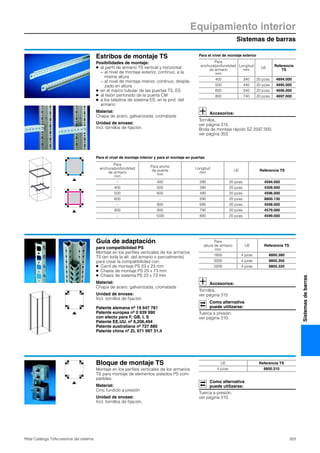 Sistemas de barras
Equipamiento interior
303Rittal Catálogo TI/Accesorios del sistema
Sistemasdebarras
Estribos de montaje TS
Posibilidades de montaje:
● al perfil de armario TS vertical y horizontal
− al nivel de montaje exterior, continuo, a la
misma altura
− al nivel de montaje interior, continuo, despla-
zado en altura
● en el marco tubular de las puertas TS, ES
● al listón perforado de la puerta CM
● a los taladros de sistema ES, en la prof. del
armario
Material:
Chapa de acero, galvanizada, cromatada
Unidad de envase:
Incl. tornillos de fijación.
Para el nivel de montaje exterior
Accesorios:
Tornillos,
ver página 315.
Brida de montaje rápido SZ 2597.000,
ver página 353.
Para
anchura/profundidad
de armario
mm
Longitud
mm
UE
Referencia
TS
400 340 20 pzas. 4694.000
500 440 20 pzas. 4695.000
600 540 20 pzas. 4696.000
800 740 20 pzas. 4697.000
Para el nivel de montaje interior y para el montaje en puertas
Para
anchura/profundidad
de armario
mm
Para ancho
de puerta
mm
Longitud
mm
UE Referencia TS
– 400 290 20 pzas. 4594.000
400 500 390 20 pzas. 4309.000
500 600 490 20 pzas. 4596.000
600 – 590 20 pzas. 8800.130
– 800 690 20 pzas. 4598.000
800 900 790 20 pzas. 4579.000
– 1000 890 20 pzas. 4599.000
Guía de adaptación
para compatibilidad PS
Montaje en los perfiles verticales de los armarios
TS (en toda la alt. del armario o parcialmente)
para crear la compatibilidad con:
● Carril de montaje PS 23 x 23 mm
● Chasis de montaje PS 23 x 73 mm
● Chasis de sistema PS 23 x 73 mm
Material:
Chapa de acero, galvanizada, cromatada
Unidad de envase:
Incl. tornillos de fijación.
Patente alemana nº 19 647 781
Patente europea nº 0 939 990
con efecto para F, GB, I, S
Patente EE.UU. nº 6,206,494
Patente australiana nº 727 880
Patente china nº ZL 971 997 31.4
Accesorios:
Tornillos,
ver página 315.
Como alternativa
puede utilizarse:
Tuerca a presión,
ver página 310.
Para
altura de armario
mm
UE Referencia TS
1800 4 pzas. 8800.380
2000 4 pzas. 8800.300
2200 4 pzas. 8800.320
Bloque de montaje TS
Montaje en los perfiles verticales de los armarios
TS para montaje de elementos aislados PS com-
patibles.
Material:
Cinc fundido a presión
Unidad de envase:
Incl. tornillos de fijación.
Como alternativa
puede utilizarse:
Tuerca a presión,
ver página 310.
UE Referencia TS
4 pzas. 8800.310
 
