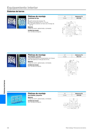Equipamiento interior
Sistemas de barras
308 Rittal Catálogo TI/Accesorios del sistema
Sistemasdebarras
Pletinas de montaje
Posibilidad de fijar
al
● perfil vertical del armario TS
● Chasis de sistema TS 17 x 73 mm
● en la parte posterior al marco de montaje de
19″ TE
Material:
Chapa de acero, galvanizada, cromatada
Unidad de envase:
Incl. tornillos de fijación.
Ø6.5
Ø4.6
12.5
12.5
100=8x12.5
100 = 8 x 12.5
125
10
60
110
120
Ø 7
5.6t = 2
UE Referencia TS
4 pzas. 8612.400
Pletinas de montaje
Atornillables, grandes
a todos los armarios y componentes con troque-
lado del sistema en retícula de 25 mm.
Material:
Chapa de acero, galvanizada, cromatada
Unidad de envase:
Incl. tornillos de fijación.
Ø6.5
Ø4.6
100=8x12.5
118
12.5
100 = 8 x 12.5
118
5.6
5.6
12.5
t = 2
UE Referencia TS
4 pzas. 8612.410
Pletinas de montaje
Atornillables, pequeñas
Material:
Chapa de acero, galvanizada, cromatada
Unidad de envase:
Incl. tornillos de fijación.
t = 1.5
10.5
40
12.56 (5 x)
12.5
110
25
100
50
60
4.6 6
UE Referencia PS
4 pzas. 4532.000
 