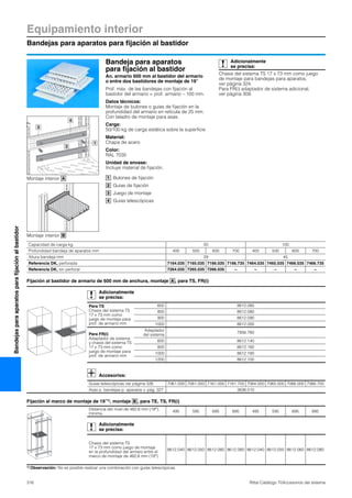 Equipamiento interior
Bandejas para aparatos para fijación al bastidor
316 Rittal Catálogo TI/Accesorios del sistema
Bandejasparaaparatosparafijaciónalbastidor
Bandeja para aparatos
para fijación al bastidor
An. armario 600 mm al bastidor del armario
o entre dos bastidores de montaje de 19″
Prof. máx. de las bandejas con fijación al
bastidor del armario = prof. armario – 100 mm.
Datos técnicos:
Montaje de bulones o guías de fijación en la
profundidad del armario en retícula de 25 mm.
Con taladro de montaje para asas.
Carga:
50/100 kg de carga estática sobre la superficie
Material:
Chapa de acero
Color:
RAL 7035
Unidad de envase:
Incluye material de fijación.
Bulones de fijación
Guías de fijación
Juego de montaje
Guías telescópicas
Adicionalmente
se precisa:
Chasis del sistema TS 17 x 73 mm como juego
de montaje para bandejas para aparatos,
ver página 324.
Para FR(i) adaptador de sistema adicional,
ver página 309.
1
3
4
2
1
2
3
4
Capacidad de carga kg 50 100
Profundidad bandeja de aparatos mm 400 500 600 700 400 500 600 700
Altura bandeja mm 29 45
Referencia DK, perforada 7164.035 7165.035 7166.035 7166.735 7464.035 7465.035 7466.035 7466.735
Referencia DK, sin perforar 7264.035 7265.035 7266.035 – – – – –
Fijación al bastidor de armario de 600 mm de anchura, montaje , para TS, FR(i)
Adicionalmente
se precisa:
Para TS
Chasis del sistema TS
17 x 73 mm como
juego de montaje para
prof. de armario mm
600 8612.060
800 8612.080
900 8612.090
1000 8612.000
Para FR(i)
Adaptador de sistema
y chasis del sistema TS
17 x 73 mm como
juego de montaje para
prof. de armario mm
Adaptador
del sistema
7856.760
600 8612.140
800 8612.160
1000 8612.180
1200 8612.100
Accesorios:
Guías telescópicas ver página 326 7061.000 7081.000 7161.000 7161.700 7064.000 7065.000 7066.000 7066.700
Asas p. bandejas p. aparatos v. pág. 327 3636.010
Fijación al marco de montaje de 19″1), montaje , para TE, TS, FR(i)
Distancia del nivel de 482,6 mm (19″),
mínima
495 595 695 895 495 595 695 895
Adicionalmente
se precisa:
Chasis del sistema TS
17 x 73 mm como juego de montaje
en la profundidad del armaro entre el
marco de montaje de 482,6 mm (19″)
8612.040 8612.050 8612.060 8612.080 8612.040 8612.050 8612.060 8612.080
1) Observación: No es posible realizar una combinación con guías telescópicas.
A
B
Montaje interior A
Montaje interior B
 