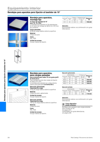 Equipamiento interior
Bandejas para aparatos para fijación al bastidor de 19″
320 Rittal Catálogo TI/Accesorios del sistema
Bandejasparaaparatosparafijaciónalbastidorde19″
Bandeja para aparatos,
montaje fijo
al marco de montaje de 19″
para TE, TS, FR(i)
La bandeja para aparatos se fija lateralmente
en el marco de montaje de 482,6 mm (19″) fron-
tal y posterior.
Carga admisible:
30 kg de carga estática sobre la superficie
Material:
Chapa de acero
Color:
RAL 7035
Unidad de envase:
Incluye material de fijación.
Atención:
No es posible realizar una combinación con guías
telescópicas.
Anchura
mm
Altura
mm
Profun-
didad
mm
Distancia del
nivel de 19″
mm
Referencia
DK
511 22 413 495 7000.620
Bandeja para aparatos,
para cargas pesadas
para armarios para redes TS con guías perfil
en forma de U
Para montaje fijo entre dos niveles de fijación
de 482,6 mm (19″).
La bandeja para aparatos se cuelga directa-
mente a las guías perfil en forma de U.
Ejecución galvanizada:
Capacidad de carga:
75 kg de carga estática sobre la superficie
Material:
Chapa de acero, galvanizada
Unidad de envase:
Incluye material de fijación.
Ejecución pintada:
Capacidad de carga:
100 kg de carga estática sobre la superficie
Material:
Chapa de acero
Color:
RAL 7035
Unidad de envase:
Incluye material de fijación.
Ejecución galvanizada:
X
Dimensiones Distancia
de nivel
(X) mm
Referencia
DKAnchura
mm
Altura
mm
Profundidad
mm
452,5 20 478 498 7828.950
452,5 20 578 598 7828.960
452,5 20 678 698 7828.970
Ejecución pintada:
Atención:
No es posible realizar una combinación con guías
telescópicas.
Como alternativa
puede utilizarse:
Bandejas para aparatos, para cargas pesadas
para montaje de 19″,
ver página 321,
combinables con guías telescópicas,
ver página 326.
Dimensiones Distancia
de nivel
(X) mm
Referencia
DKAnchura
mm
Altura
mm
Profundidad
mm
453 44 470 498 7145.535
 