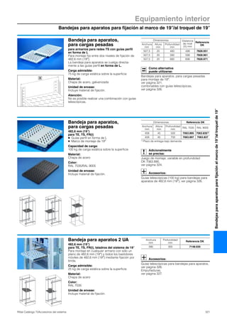 Bandejas para aparatos para fijación al marco de 19″/al troquel de 19″
Equipamiento interior
321Rittal Catálogo TI/Accesorios del sistema
Bandejasparaaparatosparafijaciónalmarcode19″/altroquelde19″
Bandeja para aparatos,
para cargas pesadas
para armarios para redes TS con guías perfil
en forma de L
Para montaje fijo entre dos niveles de fijación de
482,6 mm (19″).
La bandeja para aparatos se cuelga directa-
mente a las guías perfil en forma de L.
Carga admisible:
75 kg de carga estática sobre la superficie
Material:
Chapa de acero, galvanizada
Unidad de envase:
Incluye material de fijación.
Atención:
No es posible realizar una combinación con guías
telescópicas.
Como alternativa
puede utilizarse:
Bandejas para aparatos, para cargas pesadas
para montaje de 19″,
ver página 321,
combinables con guías telescópicas,
ver página 326.
X
Dimensiones Distancia
de nivel
(X) mm
Referencia
DKAnchura
mm
Altura
mm
Profundidad
mm
507,5 20 480 498 7828.951
507,5 20 580 598 7828.961
507,5 20 680 698 7828.971
Bandeja para aparatos,
para cargas pesadas
482,6 mm (19″)
para TE, TS, FR(i)
● Guías perfil en forma de L
● Marco de montaje de 19″
Capacidad de carga:
100 kg de carga estática sobre la superficie
Material:
Chapa de acero
Color:
RAL 7035/RAL 9005
Unidad de envase:
Incluye material de fijación.
Adicionalmente
se precisa:
Juego de montaje, variable en profundidad
DK 7063.890,
ver página 324.
Accesorios:
Guías telescópicas (100 kg) para bandejas para
aparatos de 482,6 mm (19″), ver página 326.
Dimensiones Referencia DK
Anchura
mm
Altura
mm
Profundidad
mm
RAL 7035 RAL 9005
409 45 500 7063.895 7063.8351)
409 45 700 7063.897 7063.837
1) Plazo de entrega bajo demanda.
Bandeja para aparatos 2 UA
482,6 mm (19″)
para TE, TS, FR(i), taladros del sistema de 19″
Para montaje en cualquier armario con sólo un
plano de 482,6 mm (19″) y todos los bastidores
móviles de 482,6 mm (19″) mediante fijación por
brida.
Carga admisible:
25 kg de carga estática sobre la superficie
Material:
Chapa de acero
Color:
RAL 7035
Unidad de envase:
Incluye material de fijación.
Accesorios:
Guías telescópicas para bandejas para aparatos,
ver página 326.
Empuñaduras,
ver página 327.
Anchura
mm
Profundidad
mm
Referencia DK
390 300 7148.035
 