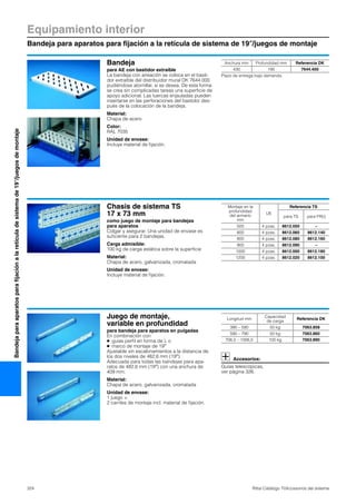 Equipamiento interior
Bandeja para aparatos para fijación a la retícula de sistema de 19″/juegos de montaje
324 Rittal Catálogo TI/Accesorios del sistema
Bandejaparaaparatosparafijaciónalaretículadesistemade19″/juegosdemontaje
Bandeja
para AE con bastidor extraíble
La bandeja con aireación se coloca en el basti-
dor extraíble del distribuidor mural DK 7644.000
pudiéndose atornillar, si se desea. De esta forma
se crea sin complicadas tareas una superficie de
apoyo adicional. Las tuercas enjauladas pueden
insertarse en las perforaciones del bastidor des-
pués de la colocación de la bandeja.
Material:
Chapa de acero
Color:
RAL 7035
Unidad de envase:
Incluye material de fijación.
Anchura mm Profundidad mm Referencia DK
430 195 7644.400
Plazo de entrega bajo demanda.
Chasis de sistema TS
17 x 73 mm
como juego de montaje para bandejas
para aparatos
Colgar y asegurar. Una unidad de envase es
suficiente para 2 bandejas.
Carga admisible:
100 kg de carga estática sobre la superficie
Material:
Chapa de acero, galvanizada, cromatada
Unidad de envase:
Incluye material de fijación.
Montaje en la
profundidad
del armario
mm
UE
Referencia TS
para TS para FR(i)
500 4 pzas. 8612.050 –
600 4 pzas. 8612.060 8612.140
800 4 pzas. 8612.080 8612.160
900 4 pzas. 8612.090 –
1000 4 pzas. 8612.000 8612.180
1200 4 pzas. 8612.020 8612.100
Juego de montaje,
variable en profundidad
para bandeja para aparatos en pulgadas
En combinación con
● guías perfil en forma de L o
● marco de montaje de 19″
Ajustable sin escalonamientos a la distancia de
los dos niveles de 482,6 mm (19″).
Adecuada para todas las bandejas para apa-
ratos de 482,6 mm (19″) con una anchura de
409 mm.
Material:
Chapa de acero, galvanizada, cromatada
Unidad de envase:
1 juego =
2 carriles de montaje incl. material de fijación.
Accesorios:
Guías telescópicas,
ver página 326.
Longitud mm
Capacidad
de carga
Referencia DK
390 – 590 50 kg 7063.858
590 – 790 50 kg 7063.860
706,5 – 1006,5 100 kg 7063.890
 