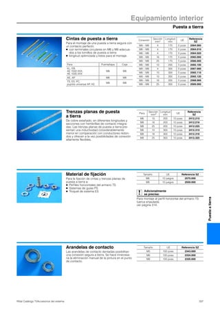 Puesta a tierra
Equipamiento interior
337Rittal Catálogo TI/Accesorios del sistema
Puestaatierra
Cintas de puesta a tierra
Para el montaje de una puesta a tierra segura con
un contacto perfecto:
● con terminales circulares en M6 y M8 adecua-
dos a los tornillos de puesta a tierra
● longitud optimizada y listos para el montaje.
Para Puerta/tapa Caja
KL, EB,
AE 1032.XXX,
AE 1035.XXX
M6 M6
AE, AP M6 M8
TS, ES, PC,
pupitre universal AP, KE
M8 M8
Conexión
Sección
mm2
Longitud
mm
UE
Referencia
SZ
M8 – M8 4 170 5 pzas. 2564.000
M6 – M8 4 170 5 pzas. 2564.010
M6 – M6 4 170 5 pzas. 2564.020
M8 – M8 16 170 5 pzas. 2565.000
M8 – M8 25 170 5 pzas. 2566.000
M6 – M6 10 200 5 pzas. 2565.100
M8 – M8 4 300 5 pzas. 2567.000
M6 – M8 10 300 5 pzas. 2565.110
M8 – M8 10 300 5 pzas. 2565.120
M8 – M8 16 300 5 pzas. 2568.000
M8 – M8 25 300 5 pzas. 2569.000
Trenzas planas de puesta
a tierra
De cobre estañado, en diferentes longitudes y
secciones con hembrillas de contacto integra-
das. Las trenzas planas de puesta a tierra pre-
sentan una inductividad considerablemente
menor en comparación con conductores redon-
dos y ofrecen a la vez posibilidades de conexión
altamente flexibles.
Para
Sección
mm2
Longitud
mm
UE
Referencia
SZ
M6 10 200 10 pzas. 2412.210
M8 16 200 10 pzas. 2412.216
M8 25 200 10 pzas. 2412.225
M6 10 300 10 pzas. 2412.310
M8 16 300 10 pzas. 2412.316
M8 25 300 10 pzas. 2412.325
Material de fijación
Para la fijación de cintas y trenzas planas de
puesta a tierra a:
● Perfiles horizontales del armario TS
● Sistemas de guías PS
● Troquel de sistema ES Adicionalmente
se precisa:
Para montaje al perfil horizontal del armario TS:
tuerca enjaulada,
ver página 314.
Tamaño UE Referencia SZ
M6 10 juegos 2570.000
M8 10 juegos 2559.000
Arandelas de contacto
Las arandelas de contacto dentadas posibilitan
una conexión segura a tierra. Se hace innecesa-
ria la eliminación manual de la pintura en el punto
de contacto.
Tamaño UE Referencia SZ
M5 100 pzas. 2343.000
M6 100 pzas. 2334.000
M8 100 pzas. 2335.000
 