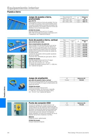 Equipamiento interior
Puesta a tierra
340 Rittal Catálogo TI/Accesorios del sistema
Puestaatierra
Juego de puesta a tierra,
premontado
para DK-TS
Para puesta a tierra en forma de estrella. Con los
terminales de puesta a tierra premontados sobre
una guía compensadora de potencial puede inte-
grarse fácilmente una puesta a tierra en forma de
estrella en los armarios para redes.
Unidad de envase:
Guía de puesta a tierra de E-Cu 57 según
DIN 1759, terminales de puesta a tierra de 6 mm2,
2 aisladores, incl. material de fijación.
Para armarios TS
de hasta An. x Al. x Pr. mm
UE
Referencia
DK
800 x 2000 x 800 1 juego 7829.100
800 x 2200 x 1000 1 juego 7829.110
Guía de puesta a tierra, vertical
para armarios para redes
Guía compensadora de potencial
Fácil montaje a la retícula DIN de 25 mm de los
distribuidores o a las guías perfil de 482,6 mm
(19″). Los terminales de puesta a tierra adjuntos
puede realizarse la puesta a tierra en forma de
estrella de los estribos de entrada de cables de
los patch-panels.
Los bornes de puesta a tierra pueden ajustarse
de forma variable.
Corriente máx. admisible por guía aprox. 200 A.
Unidad de envase:
Guía de puesta a tierra de E-Cu 57 según
DIN 1759, DIN 40 500, 15 x 5 mm,
16 bornes de conexión 2,5 – 16 mm2,
15 cables de puesta a tierra 6 mm2, L = 500 mm,
incl. material de fijación.
Para
altura de armario
mm
Longitud
mm
UE
Referencia
DK
800 600 1 juego 7541.000
1000 800 1 juego 7542.000
1200 1000 1 juego 7543.000
1400 1200 1 juego 7544.000
1600 1400 1 juego 7545.000
1800 1600 1 juego 7546.000
2000 1800 1 juego 7547.000
2200 2000 1 juego 7548.000
Juego de ampliación
para guía de puesta a tierra, vertical
Para una correcta ampliación de la puesta a tierra
en forma de estrella en la guía compensadora de
potencial vertical.
Unidad de envase:
Cables de puesta a tierra 6 mm2,
preconfeccionados, con terminal y casquillo,
L = 500 mm, con bornes de puesta a tierra
2,5 – 16 mm2, incl. material de fijación.
UE Referencia DK
10 pzas. 7549.000
Punto de conexión ESD
Durante los trabajos de mantenimiento o de
ampliación del armario pueden producirse peli-
grosas diferencias de potencial. Para proteger los
sensibles componentes electrónicos puede esta-
blecerse una compensación de potencial a tra-
vés de este punto de conexión normalizado
(botón pulsador). El punto de conexión se une al
bastidor del armario mediante 2 tornillos.
Material:
Chapa de acero, galvanizada
Unidad de envase:
Incluye material de fijación.
UE Referencia DK
1 pza. 7752.950
 