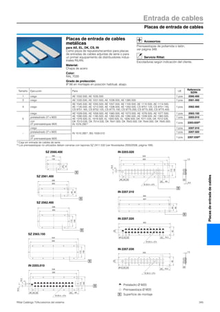 Placas de entrada de cables
Entrada de cables
345Rittal Catálogo TI/Accesorios del sistema
Placasdeentradadecables
Placas de entrada de cables
metálicas
para AE, EL, DK, CS, IN
Como pieza de repuesto/recambio para placas
de entradas de cables adjuntas de serie o para
un primer equipamiento de distribuidores indus-
triales RiLAN.
Material:
Chapa de acero
Color:
RAL 7035
Grado de protección:
IP 66 en montajes en posición habitual, abajo.
Accesorios:
Prensaestopas de poliamida o latón,
ver página 348.
Servicio Rittal:
Escotaduras según indicación del cliente.
160
133
70
43
330
303
90
63
339
303
149
113
534
500
149
113
534
500
149
113
6936 33
16.5
16.5
3
33 33
Ø 20.5 = 27x
Ø 20.5 = 27x
534
500
149
113
69
36 33
16.5
3
33
33
29
8.5
1.5
555
527
92
64
Ø 20.5 = 27x
555
92
33
79.546.5 33 33 33
Ø 20.5 = 27x
555
92
33
79.5
46.5 33 33
33
29
1.5
Pretaladro Ø M20
Prensaestopa Ø M20
Superficie de montaje1
SZ 2560.400
1
SZ 2561.400
SZ 2562.400
SZ 2563.150
IN 2203.010
IN 2203.020
IN 2207.010
IN 2207.020
IN 2207.030
1
1
1
1
1
1
Tamaño Ejecución Para UE
Referencia
SZ/IN
1 ciego AE 1032.500, AE 1035.500 1 pza. 2560.400
3 ciego AE 1030.500, AE 1031.500, AE 1038.500, AE 1380.500 1 pza. 2561.400
4 ciego
AE 1045.500, AE 1050.500, AE 1057.500, AE 1100.500, AE 1110.500, AE 1114.500,
AE 1130.500, AE 1213.500, AE 1338.500, AE 1350.500, CS 9751.125, CS 9751.145,
CS 9751.165, CS 9752.125, CS 9775.100, CS 9775.200, CS 9775.300, CS 9775.400
1 pza. 2562.400
5
ciego AE 1039.500, AE 1058.500, AE 1060.500, AE 1073.500, AE 1076.500, AE 1077.500,
AE 1090.500, AE 1180.500, AE 1260.500, AE 1280.500, AE 1339.500, AE 1360.500,
AE 1376.500, EL 1919.500, EL 1920.500, EL 1926.500, DK 7011.535, DK 7012.535,
DK 7013.535, DK 7014.535, DK 7641.000, DK 7643.000, DK 7644.000, DK 7645.000,
IN 1076.2901)
1 pza. 2563.150
pretaladrado 27 x M20 1 pza. 2203.010
con
27 prensaestopas M20
1 pza. 2203.0202)
–
ciego
IN 1510.2801), BG 1559.510
1 pza. 2207.010
pretaladrado 27 x M20 1 pza. 2207.020
con
27 prensaestopas M20
1 pza. 2207.0302)
1) Caja sin entrada de cables de serie.
2) Los prensaestopas no utilizados deben cerrarse con tapones SZ 2411.532 (ver Novedades 2005/2006, página 189).
 