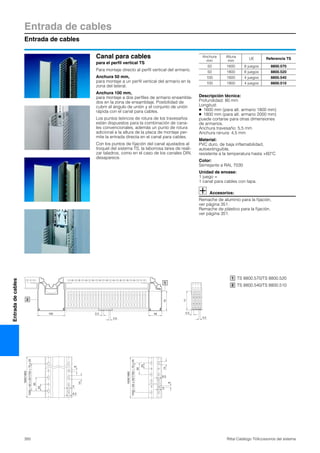 Entrada de cables
Entrada de cables
350 Rittal Catálogo TI/Accesorios del sistema
Entradadecables
Canal para cables
para el perfil vertical TS
Para montaje directo al perfil vertical del armario.
Anchura 50 mm,
para montaje a un perfil vertical del armario en la
zona del lateral.
Anchura 100 mm,
para montaje a dos perfiles de armario ensambla-
dos en la zona de ensamblaje. Posibilidad de
cubrir el ángulo de unión y el conjunto de unión
rápida con el canal para cables.
Los puntos teóricos de rotura de los travesaños
están dispuestos para la combinación de cana-
les convencionales, además un punto de rotura
adicional a la altura de la placa de montaje per-
mite la entrada directa en el canal para cables.
Con los puntos de fijación del canal ajustados al
troquel del sistema TS, la laboriosa tarea de reali-
zar taladros, como en el caso de los canales DIN,
desaparece.
Descripción técnica:
Profundidad: 80 mm
Longitud:
● 1600 mm (para alt. armario 1800 mm)
● 1800 mm (para alt. armario 2000 mm)
puede cortarse para otras dimensiones
de armarios.
Anchura travesaño: 5,5 mm
Anchura ranura: 4,5 mm
Material:
PVC duro, de baja inflamabilidad,
autoextinguible,
resistente a la temperatura hasta +60°C
Color:
Semejante a RAL 7030
Unidad de envase:
1 juego =
1 canal para cables con tapa.
Accesorios:
Remache de aluminio para la fijación,
ver página 351.
Remache de plástico para la fijación,
ver página 351.
Anchura
mm
Altura
mm
UE Referencia TS
50 1600 8 juegos 8800.570
50 1800 8 juegos 8800.520
100 1600 4 juegos 8800.540
100 1800 4 juegos 8800.510
4.5
5.5
71
72
5.5100
4.5
48
2
1
5
6.5
8
14
1600/1800
1550=62x25/1750=70x25
25
50
6.5
5
50
1550=62x25/1750=70x25
25
1600/1800
14
8
TS 8800.570/TS 8800.520
TS 8800.540/TS 8800.510
1
2
 