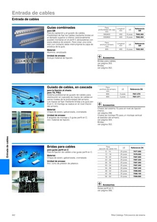 Entrada de cables
Entrada de cables
352 Rittal Catálogo TI/Accesorios del sistema
Entradadecables
Guías combinadas
para QB
Para la captación y el guiado de cables.
Posibilidad de fijar los cables mediante bridas en
el dentado superior e inferior. Adicionalmente
pueden montarse en el perfil C abrazaderas con
pieza elástica de presión. Para crear una cone-
xión con contacto debe interrumpirse la capa de
anódica de la guía.
Material:
Aluminio, anodizado
Unidad de envase:
Incluye material de fijación. Accesorios:
Bridas para cables,
ver página 353.
Bridas,
ver página 352.
Para
profundidad de caja
mm
Longitud
mm
UE
Referencia
QB
300/400 200 6 pzas. 7502.302
500/600 400 6 pzas. 7502.304
Para
anchura armario
mm
Longitud
mm
UE
Referencia
QB
600 400 6 pzas. 7502.304
Guiado de cables, en cascada
para la fijación al chasis
para TS, FR(i)
Sistema profesional de guiado de cables para
distribución en cascada de mazos de cables en
varios niveles de la profundidad del armario.
Los mazos se fijan mediante bridas a la guía per-
fil en C. El montaje se realiza en el nivel interior
del armario.
Material:
Chapa de acero, galvanizada, cromatada
Unidad de envase:
6 ángulos de montaje y 3 guías perfil en C,
incl. material de fijación.
Accesorios:
Chasis del sistema TS para el nivel de fijación
interior,
ver página 299.
Chasis de montaje PS para un montaje vertical
al bastidor del armario,
ver página 304.
Bridas,
ver página 352.
Para
anchura de armario
mm
UE Referencia DK
600 3 pzas. 7831.570
800 3 pzas. 7831.571
Bridas para cables
para guías perfil en C
Para la fijación de cables a las guías perfil en C.
Material:
Chapa de acero, galvanizada, cromatada
Unidad de envase:
Incl. cono de presión de plástico.
Accesorios:
Guías perfil en C,
ver página 306.
Para
sección de cable mm
UE Referencia DK
6 – 14 25 pzas. 7077.000
12 – 18 25 pzas. 7078.000
18 – 22 25 pzas. 7097.000
22 – 26 25 pzas. 7097.220
26 – 30 25 pzas. 7097.260
30 – 34 25 pzas. 7097.300
34 – 38 25 pzas. 7097.340
38 – 42 25 pzas. 7098.000
42 – 56 25 pzas. 7098.100
56 – 64 25 pzas. 7099.000
 