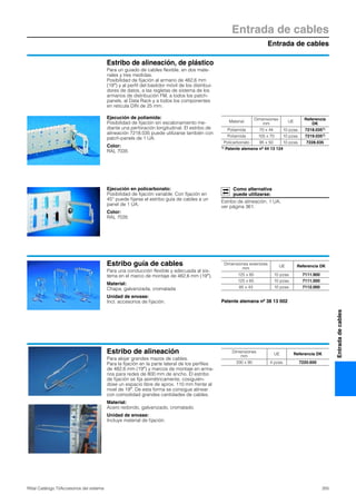 Entrada de cables
Entrada de cables
355Rittal Catálogo TI/Accesorios del sistema
Entradadecables
Estribo de alineación, de plástico
Para un guiado de cables flexible, en dos mate-
riales y tres medidas.
Posibilidad de fijación al armario de 482,6 mm
(19″) y al perfil del bastidor móvil de los distribui-
dores de datos, a las regletas de sistema de los
armarios de distribución FM, a todos los patch-
panels, al Data Rack y a todos los componentes
en retícula DIN de 25 mm.
Ejecución de poliamida:
Posibilidad de fijación sin escalonamiento me-
diante una perforación longitudinal. El estribo de
alineación 7218.035 puede utilizarse también con
patch-panels de 1 UA.
Color:
RAL 7035
Material
Dimensiones
mm
UE
Referencia
DK
Poliamida 70 x 44 10 pzas. 7218.0351)
Poliamida 105 x 70 10 pzas. 7219.0351)
Policarbonato 95 x 50 10 pzas. 7228.035
1) Patente alemana nº 44 13 124
Ejecución en policarbonato:
Posibilidad de fijación variable. Con fijación en
45° puede fijarse el estribo guía de cables a un
panel de 1 UA.
Color:
RAL 7035
Como alternativa
puede utilizarse:
Estribo de alineación, 1 UA,
ver página 361.
Estribo guía de cables
Para una conducción flexible y adecuada al sis-
tema en el marco de montaje de 482,6 mm (19″).
Material:
Chapa, galvanizada, cromatada
Unidad de envase:
Incl. accesorios de fijación. Patente alemana nº 38 13 002
Dimensiones exteriores
mm
UE Referencia DK
125 x 85 10 pzas. 7111.900
125 x 65 10 pzas. 7111.000
85 x 43 10 pzas. 7112.000
Estribo de alineación
Para alojar grandes mazos de cables.
Para la fijación en la parte lateral de los perfiles
de 482,6 mm (19″) y marcos de montaje en arma-
rios para redes de 800 mm de ancho. El estribo
de fijación se fija asimétricamente, cosiguién-
dose un espacio libre de aprox. 110 mm frente al
nivel de 19″. De esta forma se consigue alinear
con comodidad grandes cantidades de cables.
Material:
Acero redondo, galvanizado, cromatado.
Unidad de envase:
Incluye material de fijación.
Dimensiones
mm
UE Referencia DK
330 x 90 4 pzas. 7220.600
 