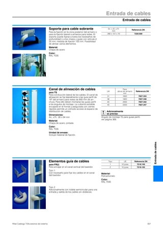Entrada de cables
Entrada de cables
357Rittal Catálogo TI/Accesorios del sistema
Entradadecables
Soporte para cable sobrante
Para la fijación en la zona posterior del armario o
para la fijación lateral a armarios para redes. El
soporte puede fijarse a todos los travesaños de
profundidad o a los chasis y guías con retícula d
25 mm, medida de fijación 150 mm. Posibilidad
de alinear varios elementos.
Material:
Chapa de acero
Color:
RAL 7035
An. x Al. x Pr.
mm
Referencia DK
280 x 151 x 75 7220.500
Canal de alineación de cables
para TS
Para conducción lateral de los cables. El canal de
alineación se fija lateralmente a las guía perfil de
19″ del armario para redes de 800 mm de an-
chura. Para ello deben montarse las guías perfil
a los ángulos de montaje. La cubierta extraíble
encajada en el frontal y asegurada con cierres
rápidos permite un cómodo acceso al espacio de
distribución de cables.
Dimensiones:
An. x Pr.: 95 x 94 mm
Material:
Chapa de acero, pintada
Color:
RAL 7035
Unidad de envase:
Incluye material de fijación.
Adicionalmente
se precisa:
Ángulo de montaje TS para guías perfil,
ver página 369.
UA
Para
altura de armario
mm
Referencia DK
31 1600 7827.333
36 1800 7827.338
40 2000 7827.342
45 2200 7827.347
Elementos guía de cables
para FR(i)
Para encajar en el canal vertical del bastidor.
Tipo 1:
Con travesaño para fijar los cables en el canal
del bastidor.
Material:
Policarbonato
Color:
RAL 7035
Tipo UE Referencia DK
1 10 pzas. 7218.100
2 10 pzas. 7218.105
Tipo 2:
Adicionalmente con rodete semicircular para una
entrada y salida de los cables sin dobleces.
 