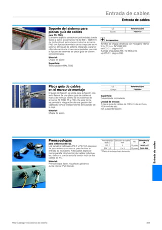 Entrada de cables
Entrada de cables
359Rittal Catálogo TI/Accesorios del sistema
Entradadecables
Soporte del sistema para
placas guía de cables
para TS, FR(i)
El sistema soporte variable en profundidad puede
fijarse a todos los armarios TS de 800 – 1200 mm
de profundidad, así como en todos los armarios
FR(i) con fijación atornillada de la chapa del techo
exterior. El troquel de sistema integrado, para tor-
nillos de carrocería o tuercas enjauladas, permite
la fijación de sistemas de placa guía de cables
convencionales.
Material:
Chapa de acero
Superficie:
Texturizada en RAL 7035
Accesorios:
Tornillos de chapa cilíndricos con hexágono interior
5,5 x 13 mm, SZ 2486.500,
ver CG 31, página 937.
Tuercas enjauladas M6, TS 8800.340,
ver CG 31, página 936.
UE Referencia DK
2 pzas. 7831.472
Placa guía de cables
en el marco de montaje
El juego de fijación se utiliza para la fijación pos-
terior lateral de una placa guía de cables al
marco de montaje dentro de los sistemas de
armarios TE 7000, TS y FR(i). De esta forma
se permite la integración de una gestión del
cableado vertical independiente del bastidor de
la caja.
Material:
Chapa de acero
Superficie:
Galvanizada, cromatada
Unidad de envase:
1 placa guía de cables de 100 mm de anchura,
1700 mm de alto,
incl. juego de fijación.
UE Referencia DK
1 juego 7000.685
Prensaestopas
para la técnica de F.O.
Los tamaños habituales PG 7 y PG 13,5 disponen
de junta interior con ranura, para facilitar la
entrada de los cables. Adecuados especial-
mente para la introducción de cables individua-
les, debido a que se evita la torsión inútil de los
cables de F.O.
Material:
Prensaestopa: latón, niquelado galvánico
Junta interior: PVC blando
Prensaestopa
de F.O.
Sección de cable
mm
UE
Referencia
DK
PG 7 3 12 pzas. 7455.0101)
PG 13,5 2 x 3 12 pzas. 7455.030
1) Plazo de entrega bajo demanda.
 