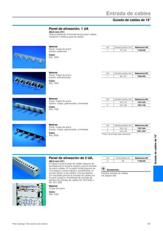 Guiado de cables de 19″
Entrada de cables
361Rittal Catálogo TI/Accesorios del sistema
Guiadodecablesde19″
Panel de alineación, 1 UA
482,6 mm (19″)
Para la alineación horizontal de los patch cables
mediante 5 estribos guía de cables.
Material:
Panel: chapa de acero
Estribo: poliamida
Color:
RAL 7035
UA Tamaño estribo mm Referencia DK
1 70 x 44 7159.035
Material:
Panel: chapa de acero
Estribo: policarbonato
Color:
RAL 7035
UA Tamaño estribo mm Referencia DK
1 95 x 50 7255.035
Material:
Panel: chapa de acero
Estribo: chapa, galvanizada, cromatada
Color:
RAL 7035
UA Tamaño estribo mm Referencia DK
1 105 x 43 7257.035
2 125 x 85 7257.100
Material:
Panel: chapa de acero
Estribo: chapa, galvanizada, cromatada
Color:
RAL 9005
UA Tamaño estribo mm Referencia DK
1 105 x 43 7257.005
2 125 x 85 7257.1051)
1) Plazo de entrega bajo demanda.
Panel de alineación de 2 UA,
482,6 mm (19″)
El espacio para el paso de cables dispone de
escotaduras en la parte superior para la entrada
de patch-cables. En la parte frontal dispone de
una solapa y cierres rápidos, posibilitando un
acceso óptimo a los cables. Una escotadura
con escobilla permite la entrada de cables por
la parte posterior. Posibilidad de montaje de
estribos de entrada de cables DK 7610.000 o
DK 7611.000.
Material:
Chapa de acero
Color:
RAL 7035
Accesorios:
Estribos entrada de cables,
ver página 356.
UA Profundidad mm Referencia DK
2 85 7158.035
 