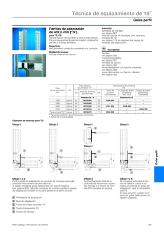 Guías perfil
Técnica de equipamiento de 19″
367Rittal Catálogo TI/Accesorios del sistema
Guíasperfil
Perfiles de adaptación
de 482,6 mm (19″)
para TS, ES
Para la fijación de subracks y otros componentes.
Para un equipamiento parcial pueden cortarse los
perfiles a la long. deseada.
Superficie:
Recubrimiento conductor, resistente a la corrosión.
Unidad de envase:
Incluye material de fijación.
Atención:
Ejemplos de montaje,
ver página 367.
Para el montaje de bandejas para aparatos,
montaje de 19″,
ver página 319, se precisan los juegos de
montaje, ver página 324.
Accesorios:
Perfiles,
ver página 380.
Tuercas enjauladas,
ver página 381.
Tornillos de fijación,
ver página 382.
Guías deslizantes con fijación unilateral,
ver página 383,
guías deslizantes con fijación bilateral,
ver página 383.
Para
altura de armario
mm
UE
Para sistema
de armarios TS1)
Para sistema de armarios
ES
UA
Perfil de aluminio
extrusionado
UA
Perfil de
aluminio
extrusionado
Chapa de acero,
pintada en
RAL 7035
Chapa de acero,
galvanizada,
cromatada
Referencia TS Referencia PS
1600 4 pzas. 33 8613.060 33 4389.000 – –
1800 4 pzas. 38 8613.080 37 – – –
2000 4 pzas. 42 8613.000 42 4391.000 4358.200 –
2200 4 pzas. 47 8613.020 46 – – 4358.700
Para armario PC2) 4 pzas. 17 8613.070 17 4632.000 – –
1) Para parte posterior de armarios para electrónica.
2) Detrás de la puerta abajo.
3
5
66
86
1
2
1
3
63
43
4
63
75.5
1
4
86
98.5
1
2
Dibujo 1 y 2:
Perfil o pieza de adaptación en posición de montaje avanzada
montado directamente al perfil vertical.
Si deben montarse guías deslizantes con fijación bilateral
(ver página 383), deberán montarse los mismos perfiles o piezas
de adaptación también en la parte posterior al perfil vertical.
Dibujo 4 y 5:
Se consigue aumentar la dis-
tancia hasta la puerta si se
realiza el montaje en guías de
adaptación para la compatibili-
dad PS.
En esta posición pueden mon-
tarse las guías deslizantes con
fijación unilateral.
Dibujo 3:
Aprovechamiento total de la
profundidad del armario a partir
del montaje a 2 chasis de mon-
taje PS montados en vertical.
Ejemplos de montaje para TS:
Perfil/pieza de adaptación
Guía de adaptación
Puerta de chapa de acero TS
Puerta transparente TS
Chasis de montaje
1
2
3
4
5
Dibujo 1 Dibujo 2 Dibujo 3 Dibujo 5
Dibujo 4
 