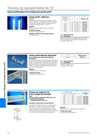Técnica de equipamiento de 19″
Guías perfil/juegos de montaje para guías perfil
368 Rittal Catálogo TI/Accesorios del sistema
Guíasperfil/juegosdemontajeparaguíasperfil
Guías perfil, métricas
para TS
Las guías perfil en forma de L se utilizan para
alojar subracks y componentes métricos. Según
el juego de montaje pueden establecerse las
medidas de fijación 465 y 515 mm.
Material:
Chapa de acero, galvanizada, cromatada
Unidad de envase:
Incluye material de fijación.
Medidas de fijación del montaje interior,
ver página 364. Adicionalmente
se precisa:
Chasis de sistema TS o elementos de profundi-
dad como juego de montaje para guías perfil,
ver página 299 – 300.
Equipamiento
completo
en altura del rack
mm
US UE Referencia DK
– 17 2 pzas. 7831.611
1000 37 2 pzas. 7831.621
1200 43 2 pzas. 7794.420
1600 59 2 pzas. 7794.740
2000 76 2 pzas. 7831.631
2200 84 2 pzas. 7831.641
Guías perfil-fijación adicional
para armarios para redes TS de 800 mm
de anchura
La fijación adicional contraresta una torsión de las
guías perfil montadas a escuadras de montaje al
darse una distribución desigual de la carga. Se
fija directamente a las guías perfil de 482,6 mm
(19″) y al chasis de sistema (nivel interior) mon-
tado en la profundidad.
Material:
Chapa de acero, cromatada
Unidad de envase:
Incluye material de fijación.
Adicionalmente
se precisa:
Chasis de sistema TS,
ver página 299 – 300.
UE Referencia DK
2 pzas. 7284.135
Chasis de sistema TS
como juego de montaje
para
● Guías perfil en pulgadas, 482,6 mm (19″)
● Guías perfil métricas,
medida de fijación 465 mm
Montaje en anchrua de armario 600 mm
El juego de montaje consta de 4 chasis de sis-
tema TS 17 x 73 mm para alojar guías perfil.
Una UE es suficiente para montar uno o dos
niveles de fijación en pulgadas/métricos. Para
componentes de elevado peso se recomienda uti-
lizar un chasis de sistema central adicional.
Material:
Chapa de acero, galvanizada, cromatada
Unidad de envase:
Incluye material de fijación.
Para armarios
UE
Referencia
TSAnchura
mm
Profundidad
mm
600 600 4 pzas. 8612.060
600 800 4 pzas. 8612.080
600 900 4 pzas. 8612.090
600 1000 4 pzas. 8612.000
600 1200 4 pzas. 8612.020
 