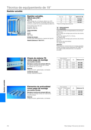 Técnica de equipamiento de 19″
Bastidor extraíble
378 Rittal Catálogo TI/Accesorios del sistema
Bastidorextraíble
Bastidor extraíble,
482,6 mm (19″)
para TS
Para montaje de un frontal de 482,6 mm (19″)
extraíble. Para armarios TS de 600 y 800 mm de
anchura y a partir de una profundidad de 800 mm.
Profundidad total: 525 mm
Extraíble: 500 mm
Distancia: 300 mm
Carga admisible:
50 kg
Color:
RAL 7035
Unidad de envase:
Incluye guías telescópicas y material de fijación.
Patente alemana nº 39 07 471
Adicionalmente
se precisa:
Juego de montaje correspondiente a la anchura
del armario.
Como juego de montaje para anchura de armario
600 mm:
chasis del sistema TS 17 x 73 mm,
ver página 299.
Como juego de montaje para anchura de armario
800 mm:
elementos de profundidad,
ver página 378.
Atención:
Para soportar componentes de montaje pesados
puede montarse la guía deslizante DK 7963.310
(ver página 384) directamente en el bastidor
extraíble.
Para UA
Altura
mm
Referencia DK
12 637 7124.035
18 903 7125.0351)
21 1037 7126.0351)
1) Plazo de entrega bajo demanda.
Chasis de sistema TS
como juego de montaje
para bastidor extraíble
Montaje en anchura de armario 600 mm.
El juego de montaje consta de 4 chasis
de sistema TS 17 x 73 mm.
Material:
Chapa de acero, galvanizada, cromatada
Unidad de envase:
Incluye material de fijación.
Para armarios
UE Referencia TSAnchura
mm
Profundidad
mm
600 800 4 pzas. 8612.080
600 900 4 pzas. 8612.090
600 1000 4 pzas. 8612.000
600 1200 4 pzas. 8612.020
Elementos de profundidad
como juego de montaje
para bastidor extraíble
Montaje en anchura de armario 800 mm.
El juego de montaje consta de 4 elementos
de profundidad.
Material:
Chapa de acero, galvanizada, cromatada
Para armarios
UE Referencia TSAnchura
mm
Profundidad
mm
800 800 4 pzas. 7827.800
800 900 4 pzas. 7827.900
800 1000 4 pzas. 7827.000
 