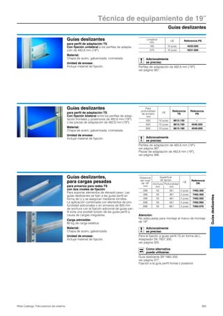 Guías deslizantes
Técnica de equipamiento de 19″
383Rittal Catálogo TI/Accesorios del sistema
Guíasdeslizantes
Guías deslizantes
para perfil de adaptación TS
Con fijación unilateral a los perfiles de adapta-
ción de 482,6 mm (19″).
Material:
Chapa de acero, galvanizada, cromatada
Unidad de envase:
Incluye material de fijación.
Adicionalmente
se precisa:
Perfiles de adaptación de 482,6 mm (19″),
ver página 367.
Longitud
mm
UE Referencia PS
185 10 pzas. 4530.000
270 10 pzas. 4531.000
Guías deslizantes
para perfil de adaptación TS
Con fijación bilateral entre los perfiles de adap-
tación frontales y posteriores de 482,6 mm (19″)
o las piezas de adaptación de 482,6 mm (19″).
Material:
Chapa de acero, galvanizada, cromatada
Unidad de envase:
Incluye material de fijación. Adicionalmente
se precisa:
Perfiles de adaptación de 482,6 mm (19″),
ver página 367.
Piezas de adaptación de 482,6 mm (19″),
ver página 366.
Para
profundidad
de armario
mm
UE
Referencia
TS
Referencia
PS
500 10 pzas. 8613.150 –
600 10 pzas. 8613.160 4546.000
800 10 pzas. 8613.180 4549.000
Guías deslizantes,
para cargas pesadas
para armarios para redes TS
con dos niveles de fijación
Para soportar elementos de elevado peso. Las
guías deslizantes se fijan a las guías perfil en
forma de U y se aseguran mediante tornillos.
La aplicación combinada con elementos de pro-
fundidad adicionales o en armarios de 800 mm
de anchura con la fijación adicional de guías per-
fil evita una posible torsión de las guías perfil a
causa de cargas irregulares.
Carga admisible:
80 kg de carga estática
Material:
Chapa de acero, galvanizada
Unidad de envase:
Incluye material de fijación.
Atención:
No adecuadas para montaje al marco de montaje
de 19″
Adicionalmente
se precisa:
Para la fijación a guías perfil TS en forma de L:
Adaptador DK 7827.300,
ver página 325.
Como alternativa
puede utilizarse:
Guía deslizante SR 1962.200,
ver página 377.
Fijación a la guía perfil frontal o posterior.
Distancia
del nivel
de 19″
mm
Superficie
de apoyo
UE
Referencia
DKAnchura
mm
Profundidad
mm
298 55 261 2 pzas. 7492.300
398 55 361 2 pzas. 7492.400
498 55 461 2 pzas. 7492.500
598 55 561 2 pzas. 7492.060
698 55 661 2 pzas. 7492.070
 