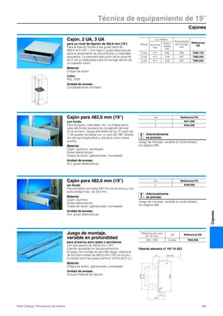 Cajones
Técnica de equipamiento de 19″
385Rittal Catálogo TI/Accesorios del sistema
Cajones
Cajón, 2 UA, 3 UA
para un nivel de fijación de 482,6 mm (19″)
Para la fijación frontal a las guías perfil de
482,6 mm (19″ ). Con tapa y guías telescópicas
para el alojamiento de documentos y materiales
pequeños. La pequeña ejecución de la variante
de 2 UA es adecuada para el montaje dentro de
un bastidor móvil.
Material:
Chapa de acero
Color:
RAL 7035
Unidad de envase:
Completamente montado.
Altura
Luz interior
Profundidad
de montaje
mm
Referencia
DKAnchura
mm
Profun-
didad
mm
2 UA 411 242 250 7282.135
2 UA 411 419 427 7282.035
3 UA 411 419 427 7283.035
Cajón para 482,6 mm (19″)
con fondo
Para teclados, manuales, etc. La chapa perfo-
rada del fondo favorece la circulación del aire
en el armario. Carga admisible 50 kg. El cajón de
1 UA puede montarse con un giro de 180° alrede-
dor del eje longitudinal y utilizarse como mesa
auxiliar.
Material:
Cajón: aluminio, anodizado
Guías telescópicas:
chapa de acero, galvanizada, cromatada
Unidad de envase:
Incl. guías telescópicas.
Adicionalmente
se precisa:
Juego de montaje, variable en profundidad,
ver página 385.
UA Referencia PS
1 4541.000
3 4542.000
Cajón para 482,6 mm (19″)
sin fondo
Para teclados de hasta 440 mm de anchura y una
profundidad máx. de 350 mm.
Material:
Cajón: aluminio
Guías telescópicas:
chapa de acero, galvanizada, cromatada
Unidad de envase:
Incl. guías telescópicas.
Adicionalmente
se precisa:
Juego de montaje, variable en profundidad,
ver página 385.
UA Referencia PS
2 4548.000
Juego de montaje,
variable en profundidad
para armarios para redes o servidores
con dos planos de 482,6 mm (19″).
Fijación ajustable sin escalonamientos.
El juego de montaje se atornilla según distancia
de los dos niveles de 482,6 mm (19″) en la pro-
fundidad entre las guías perfil en forma de U o L.
Material:
Chapa de acero, galvanizada, cromatada
Unidad de envase:
Incluye material de fijación.
Patente alemana nº 197 10 023
R
2
44.45
11.5
31.75
27.5
50.8
10
2
i.l.W. 450
Distancia del nivel
de 19″ mm
UE Referencia DK
550 – 850 2 pzas. 7063.850
 