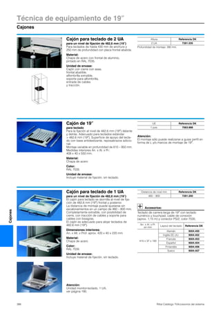Técnica de equipamiento de 19″
Cajones
386 Rittal Catálogo TI/Accesorios del sistema
Cajones
Cajón para teclado de 2 UA
para un nivel de fijación de 482,6 mm (19″)
Para teclados de hasta 430 mm de anchura y
250 mm de profundidad con placa frontal abatida.
Material:
Chapa de acero con frontal de aluminio,
pintado en RAL 7035.
Unidad de envase:
Cajón con cierre con asas,
frontal abatible,
alfombrilla extraíble,
soporte para alfombrilla,
entrada de cables
y tracción.
Altura Referencia DK
2 UA 7281.035
Profundidad de montaje: 390 mm.
Cajón de 19″
para teclado
Para la fijación al nivel de 482,6 mm (19″) delante
y detrás. Adecuado para teclados estándar
> 482,6 mm (19″). Superficie de apoyo del tecla-
do con base antideslizante, reposabrazos adicio-
nal.
Montaje variable en profundidad de 610 – 950 mm.
Medidas interiores An. x Al. x Pr.:
408 x 40 x 550 mm.
Material:
Chapa de acero
Color:
RAL 7035
Unidad de envase:
Incluye material de fijación, sin teclado.
Atención:
El montaje sólo puede realizarse a guías perfil en
forma de L y/o marcos de montaje de 19″.
UE Referencia DK
1 pza. 7063.888
Cajón para teclado de 1 UA
para un nivel de fijación de 482,6 mm (19″)
El cajón para teclado se atornilla al nivel de fija-
ción de 482,6 mm (19″) frontal y posterior.
La distancia de montaje puede ajustarse sin
escalonamientos en un campo de 460 – 800 mm.
Completamente extraíble, con posibilidad de
cierre, con tracción de cables y soporte para
cables con bisagras.
El cajón es adecuado para alojar teclados de
482,6 mm (19″).
Dimensiones interiores:
An. x Alt. x Prof. aprox. 420 x 40 x 220 mm
Material:
Chapa de acero
Color:
RAL 7035
Unidad de envase:
Incluye material de fijación, sin teclado.
Accesorios:
Teclado de carrera larga de 19″ con teclado
numérico y touchpad, cable de conexión
(aprox. 1,15 m) y conector PS/2, color 7035.
Distancia de nivel mm Referencia DK
460 – 800 7281.200
An. x Al. x Pr.
en mm
Layout del teclado Referencia DK
415 x 37 x 193
Alemán 9004.400
Inglés EE.UU. 9004.402
Francés 9004.403
Español 9004.404
Finlandés 9004.406
Sueco 9004.407
Atención:
Unidad monitor-teclado, 1 UA,
ver página 190.
 